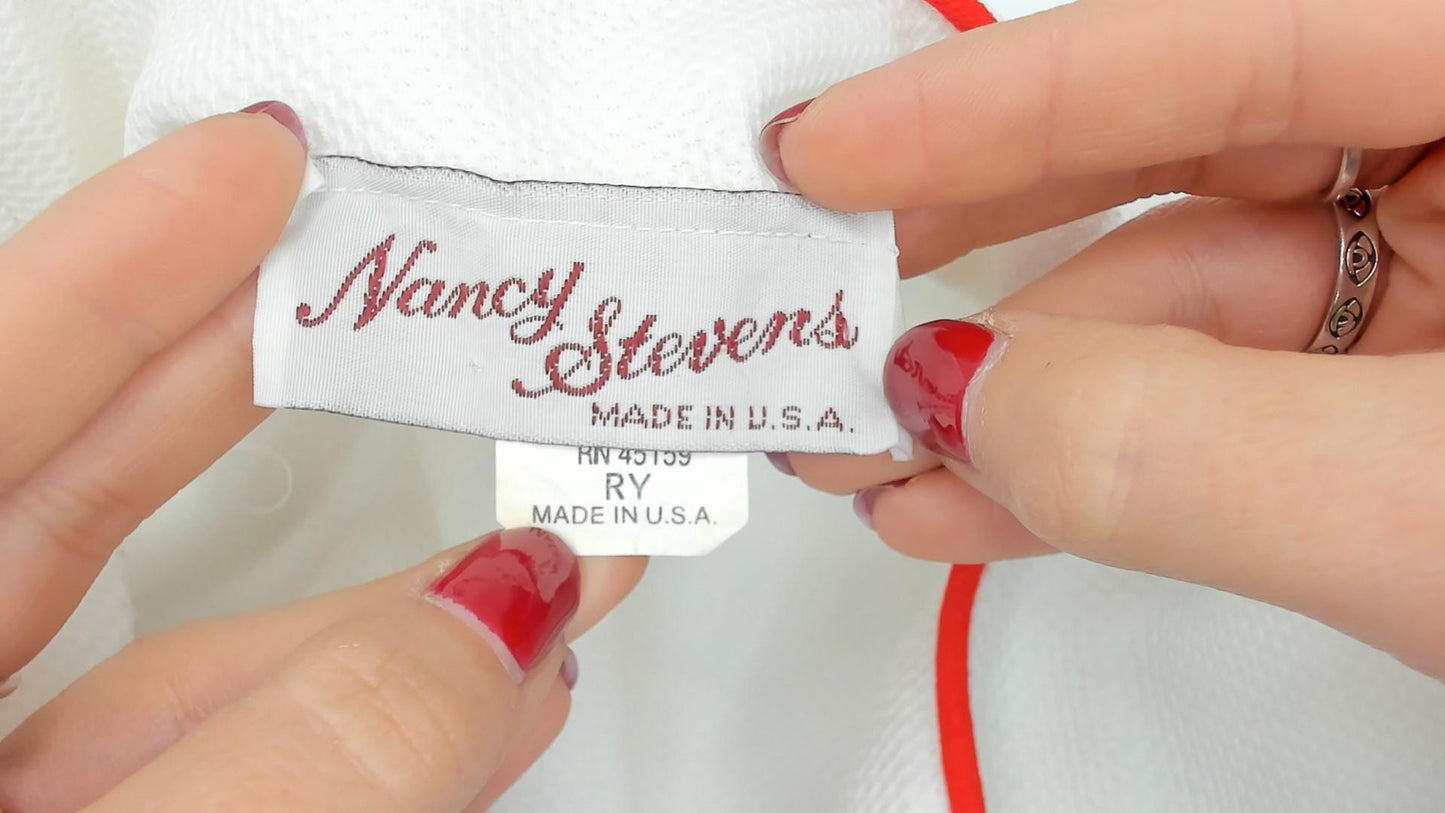 70s Nancy Stevens White Bolero Jacket Red Piping Puff Sleeve Cropped Extra Small