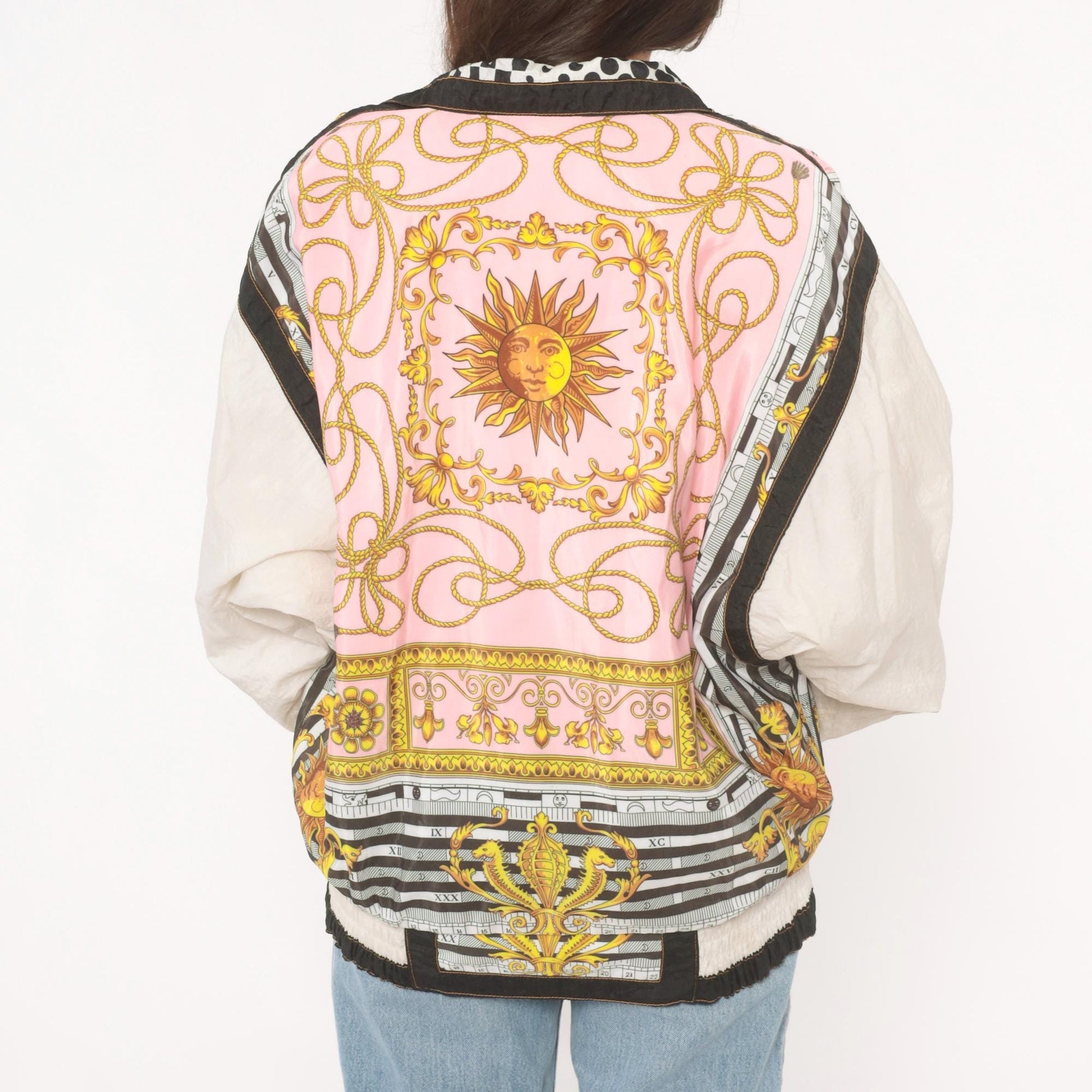 90s Giacca Sport Celestial Baroque Windbreaker Pink Gold Zip Jacket Large L