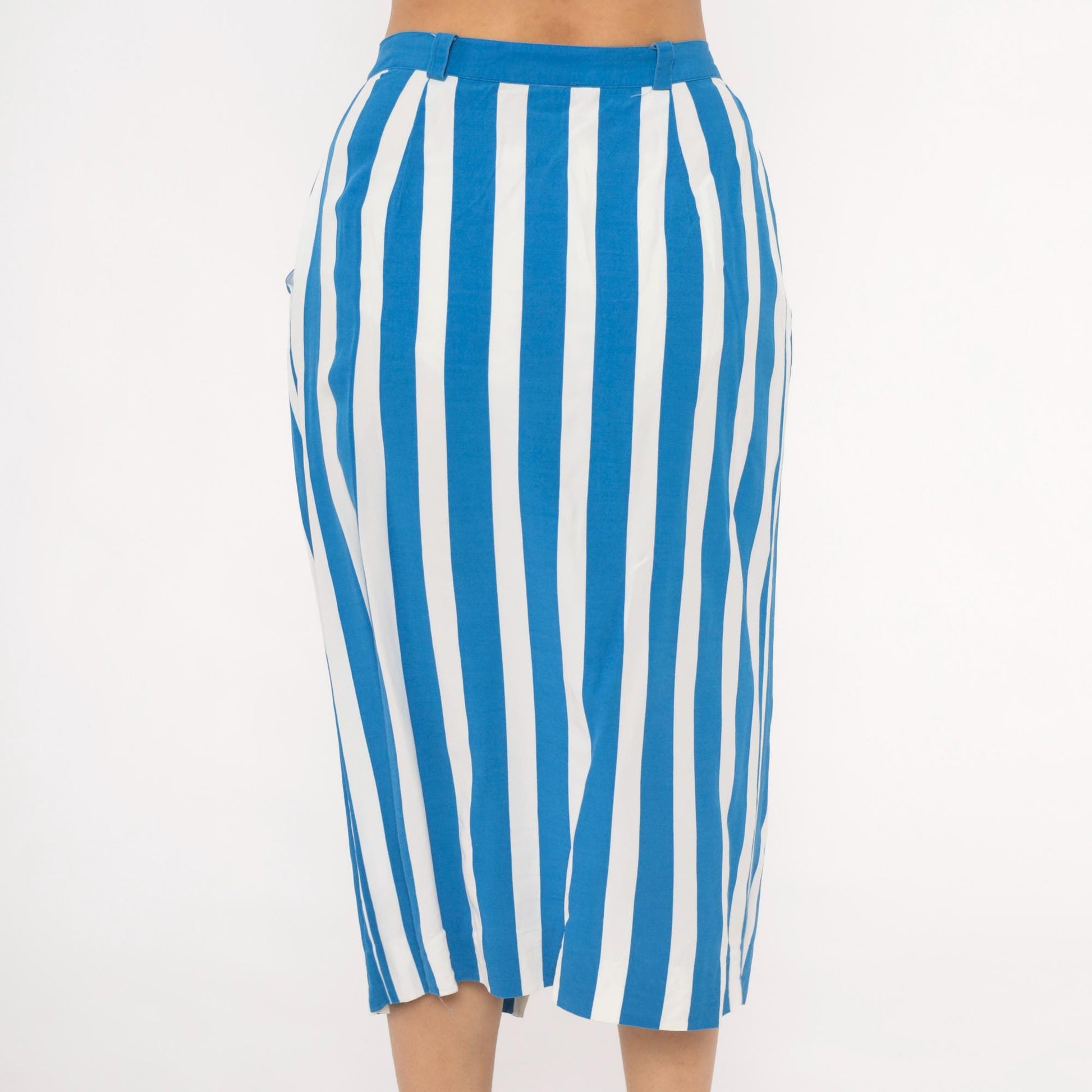 90s Jones New York Blue White Striped Midi Skirt High Waist Pockets Medium M