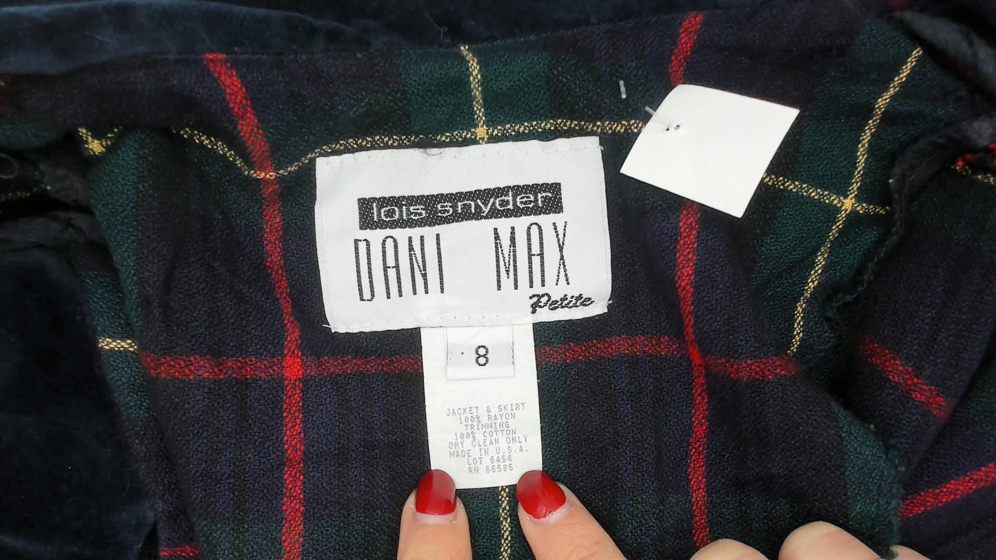 90s Dani Max Tartan Plaid Blazer Velvet Collar Navy Green Red Small S
