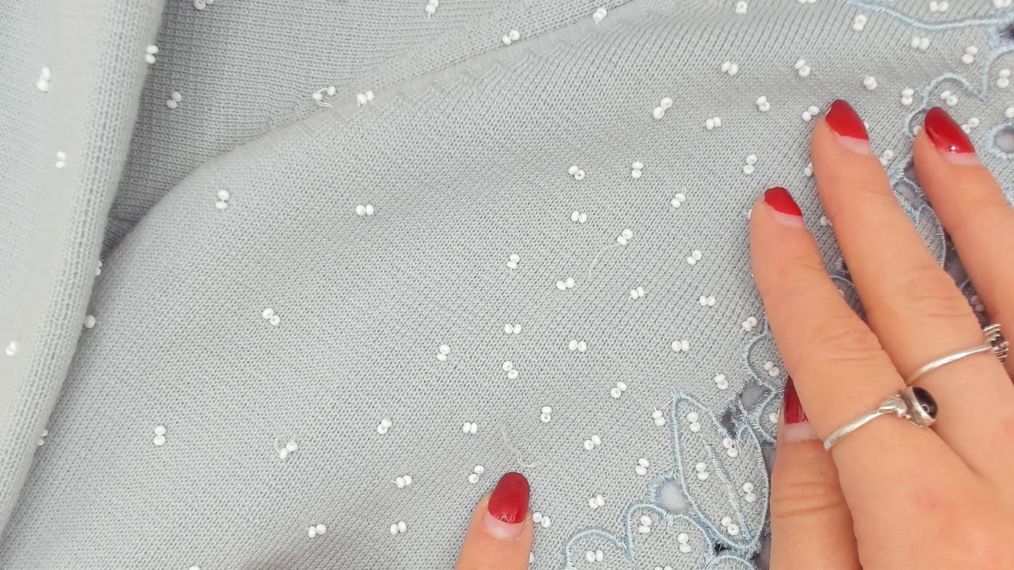 80s Miss Boutique Baby Blue Beaded Cardigan Cutwork Floral Knit Small