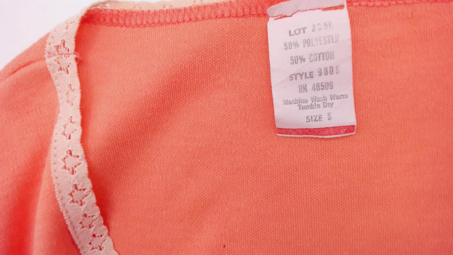 70s Peach Crop Top Long Sleeve Lace Trim Cotton Blend Salmon Bralette XS