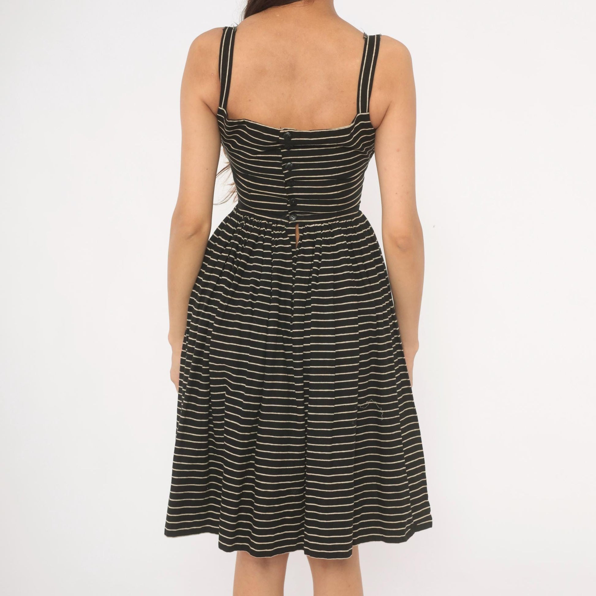 50s Lanz Original Black Pinstripe Sundress Square Neck Spaghetti Strap Extra Small