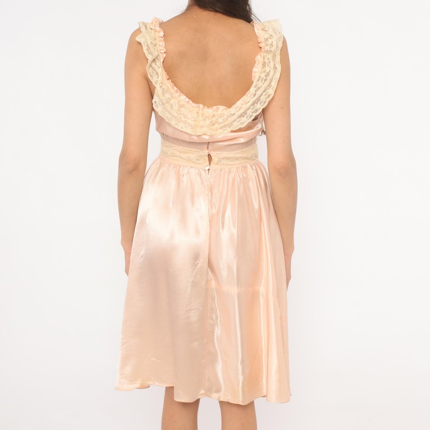 1940s Blush Pink Silk Satin Nightgown Lace Trim Ribbon Tie Small S