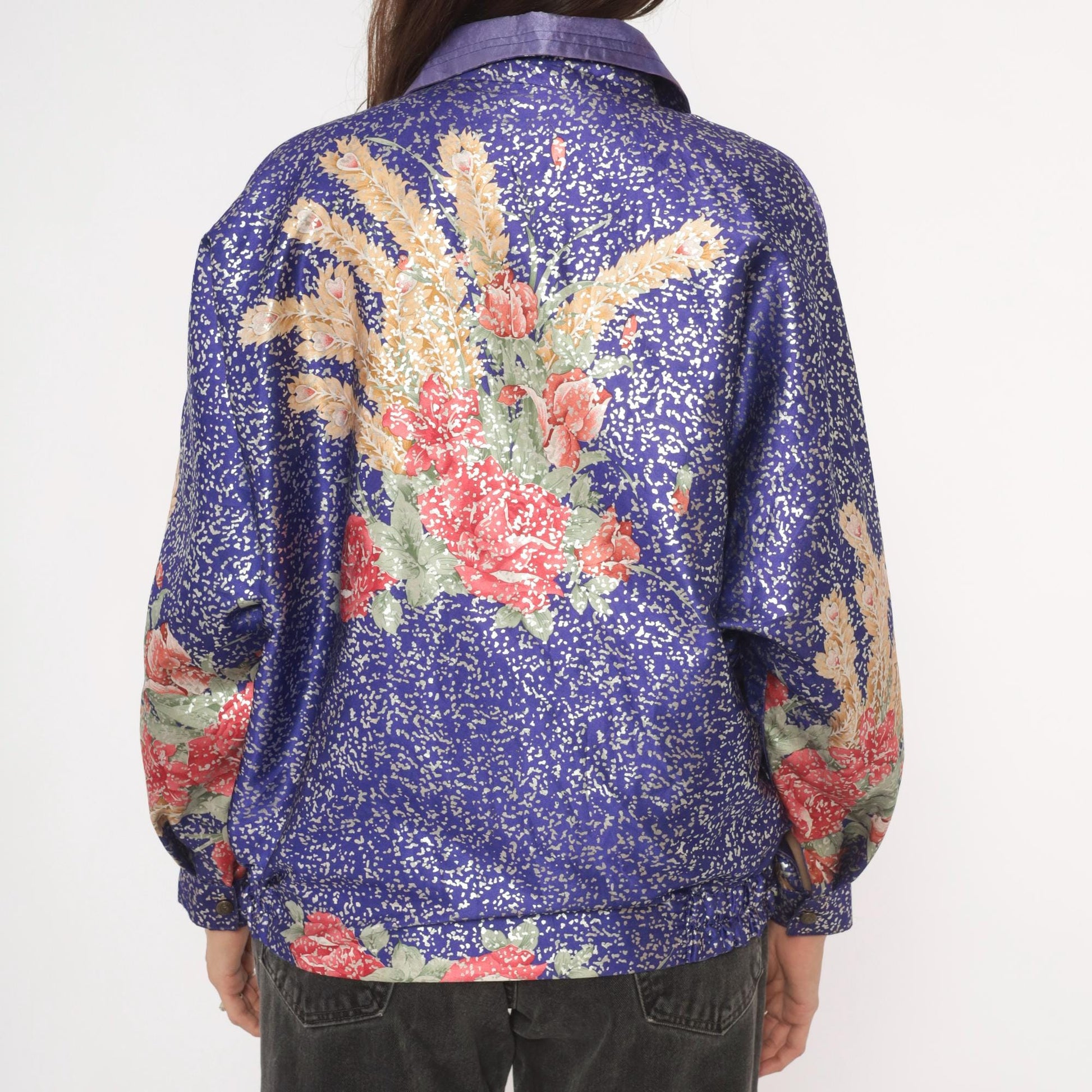 90s GDT Too Floral Metallic Bomber Jacket Purple Gold Reversible Satin Small Medium