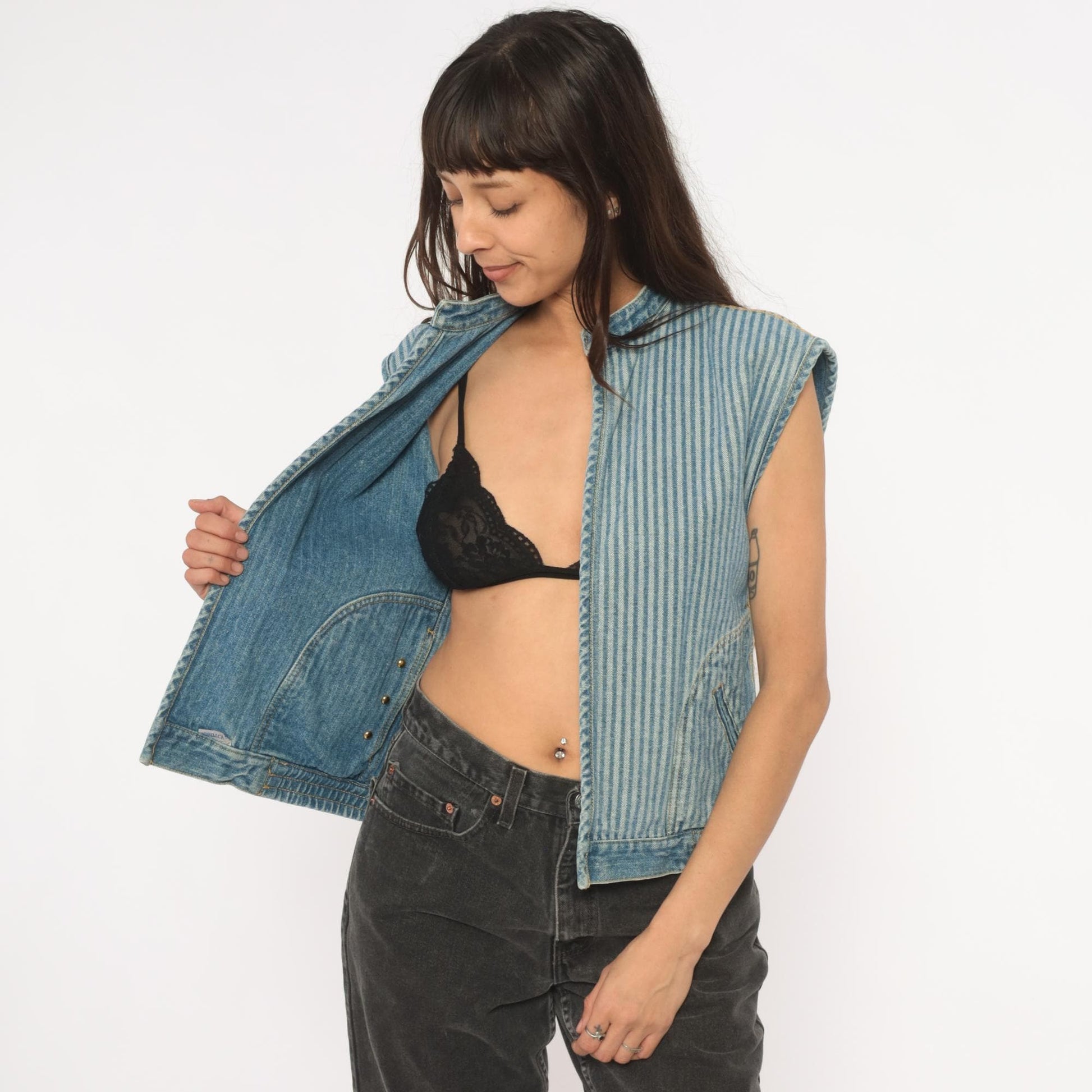 90s Jordache Reversible Denim Vest Pinstripe Blue White Mandarin Collar Small S