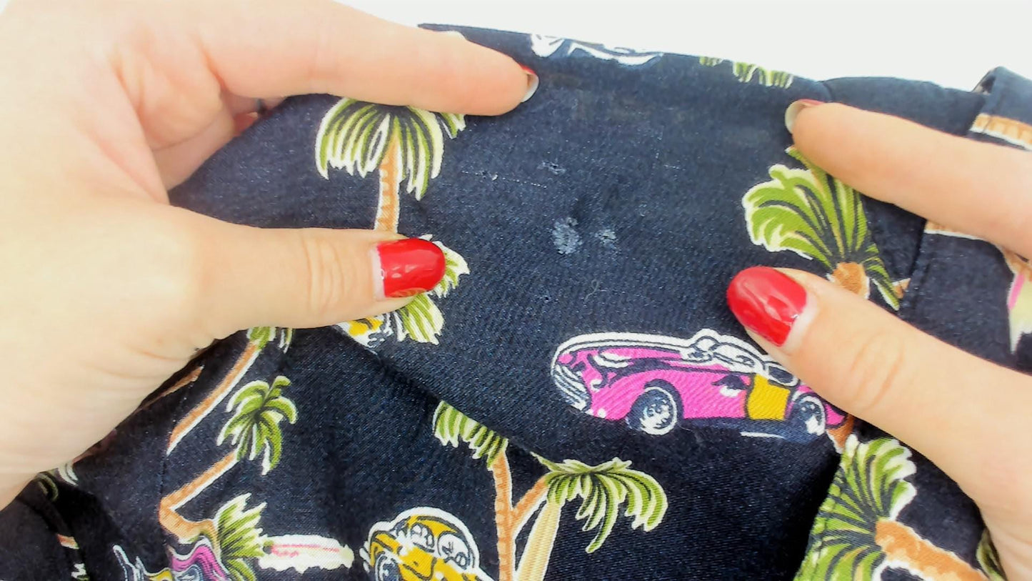 90s Classic Cars Hawaiian Shirt Black Pink Yellow Palm Tree Camp Collar XS