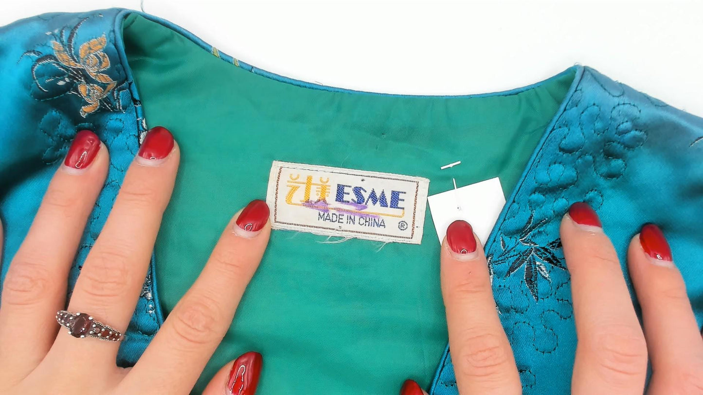 80s Esme Teal Satin Brocade Vest Floral Embroidered Frog Button Sleeveless Extra Small
