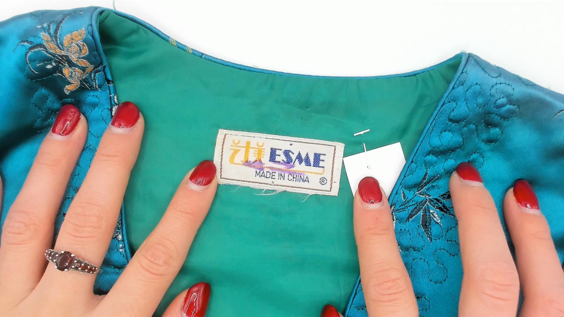 80s Esme Teal Satin Brocade Vest Floral Embroidered Frog Button Sleeveless Extra Small