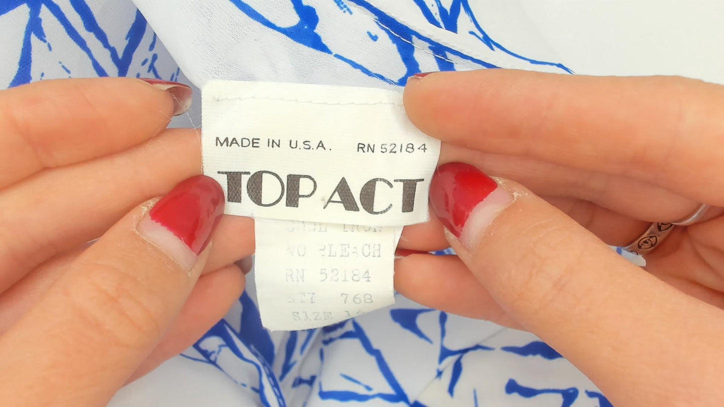 80s Top Act Abstract Stripe Dress Blue White Flutter Sleeve Knee Length Large L