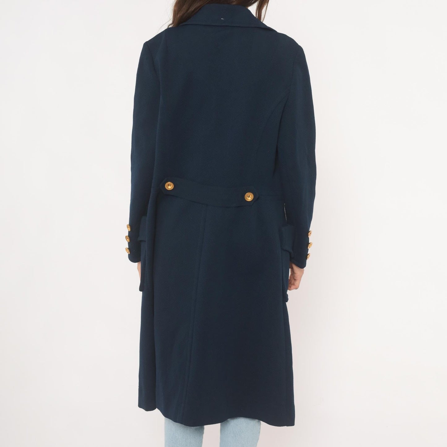 70s Butte Knit Navy Double Breasted Coat Gold Buttons Knee Length Large L