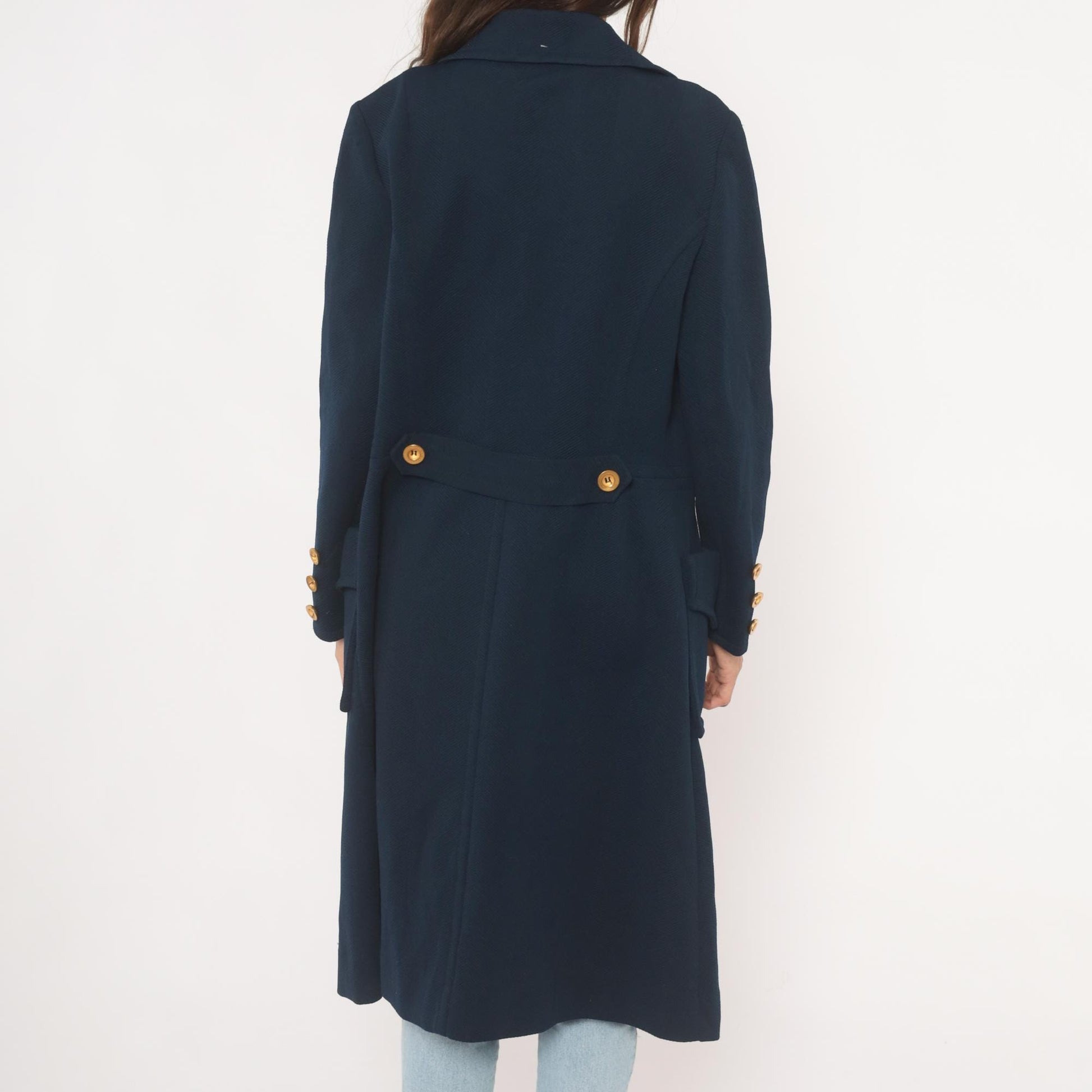 70s Butte Knit Navy Double Breasted Coat Gold Buttons Knee Length Large L