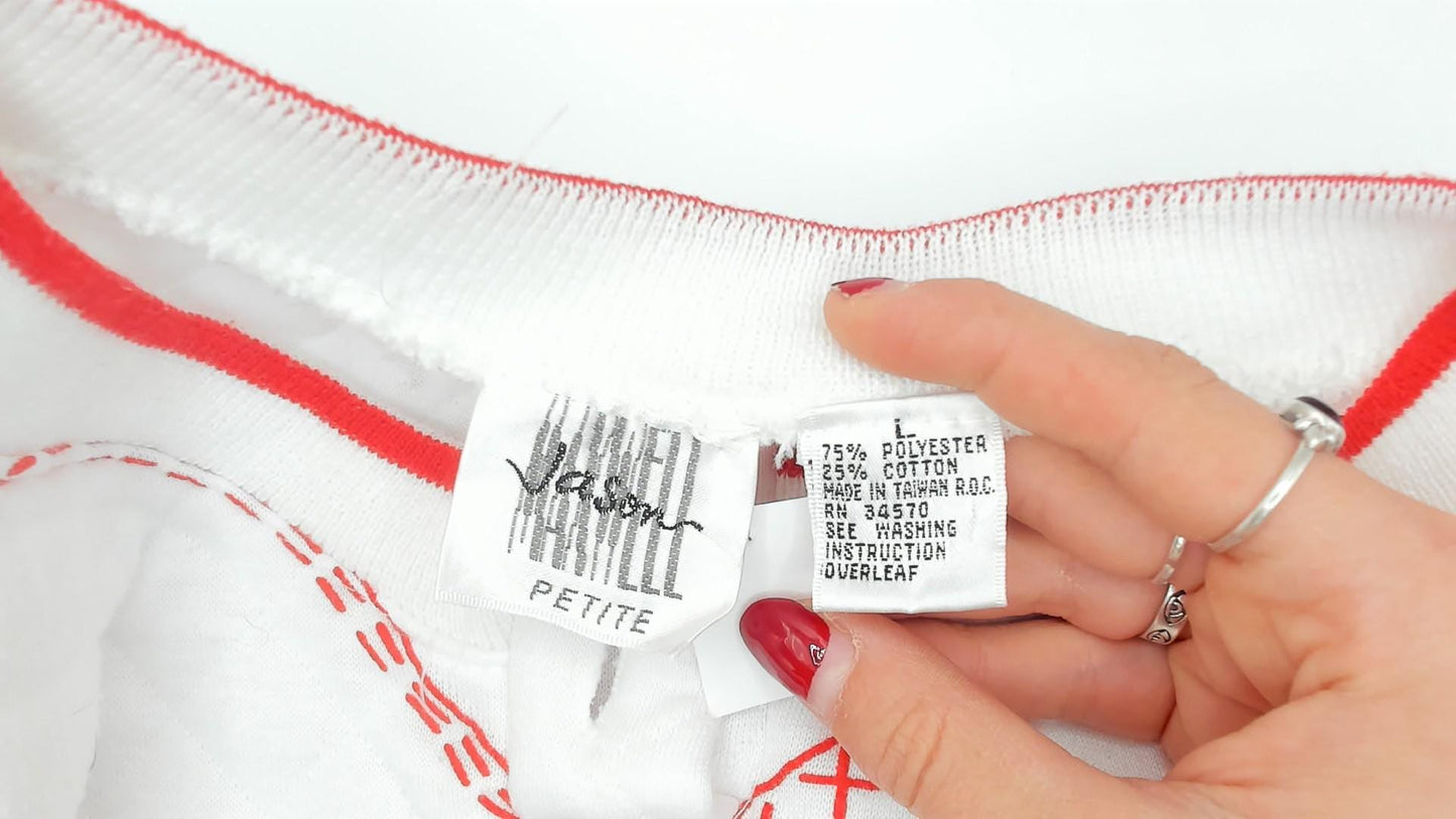 90s Jason Maxwell Quilted Floral Henley Sweatshirt White Red Cross Stitch Large L