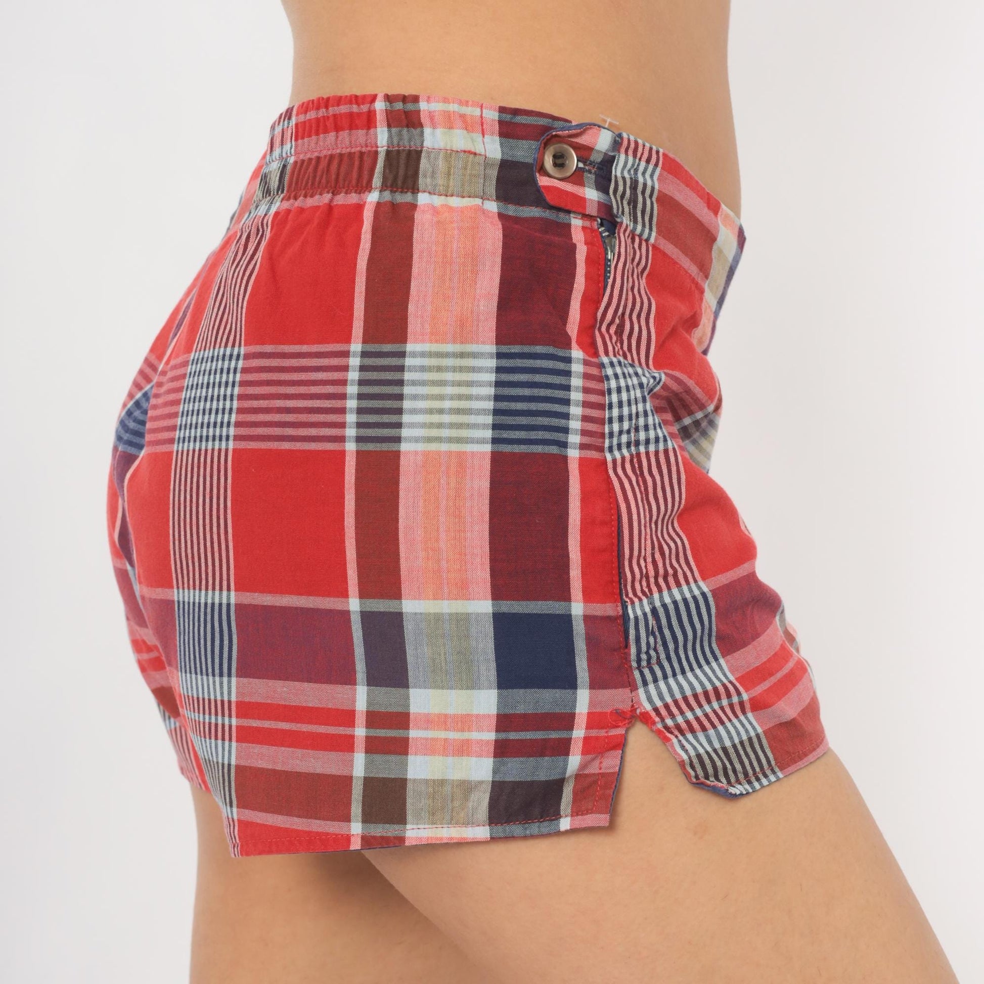 1960s Jantzen Reversible Plaid Shorts Red Navy Cotton Low Rise Medium M