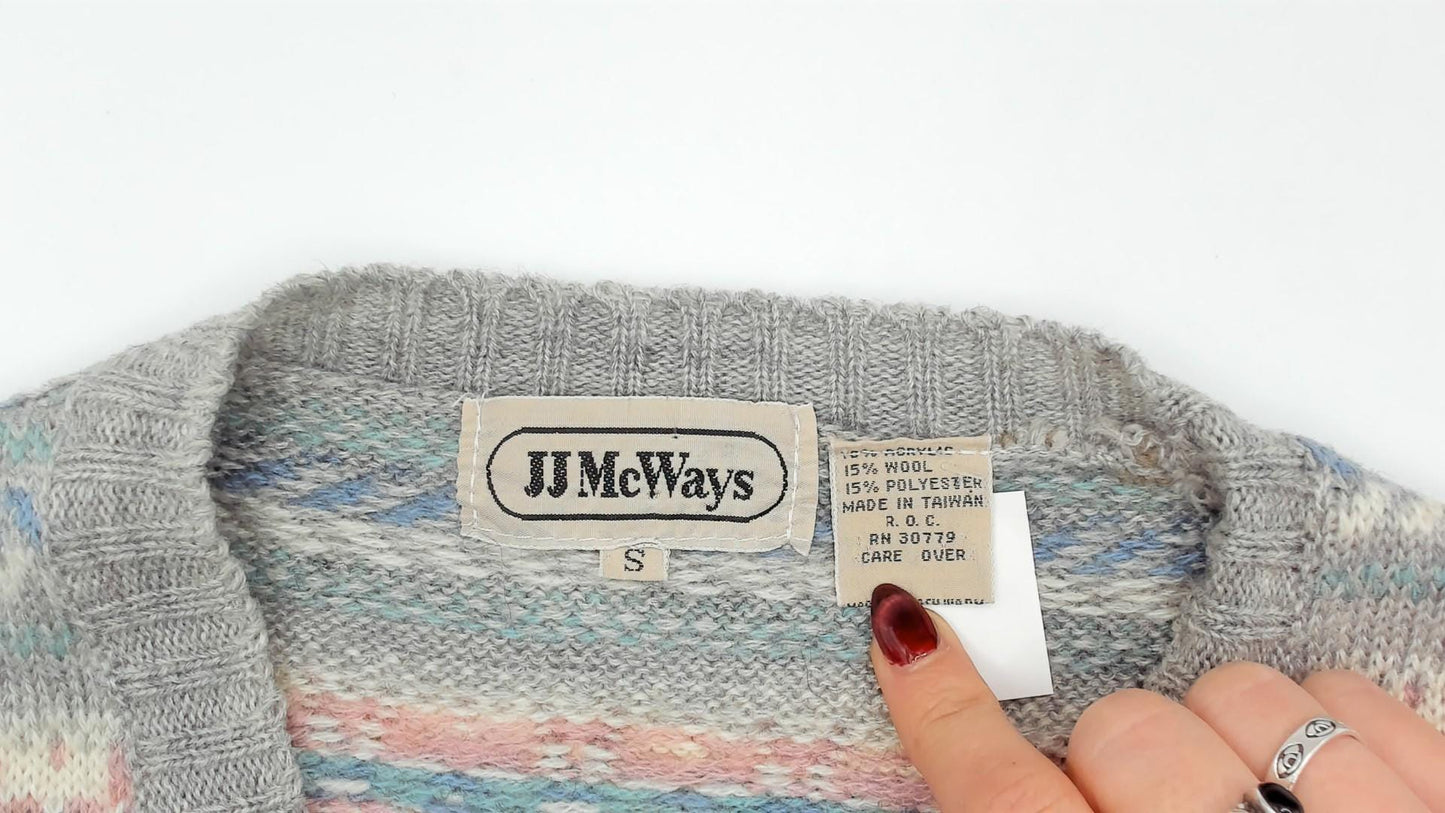 80s JJ McWays Fair Isle Sweater Vest Wool Blend Grey Pink Blue Small