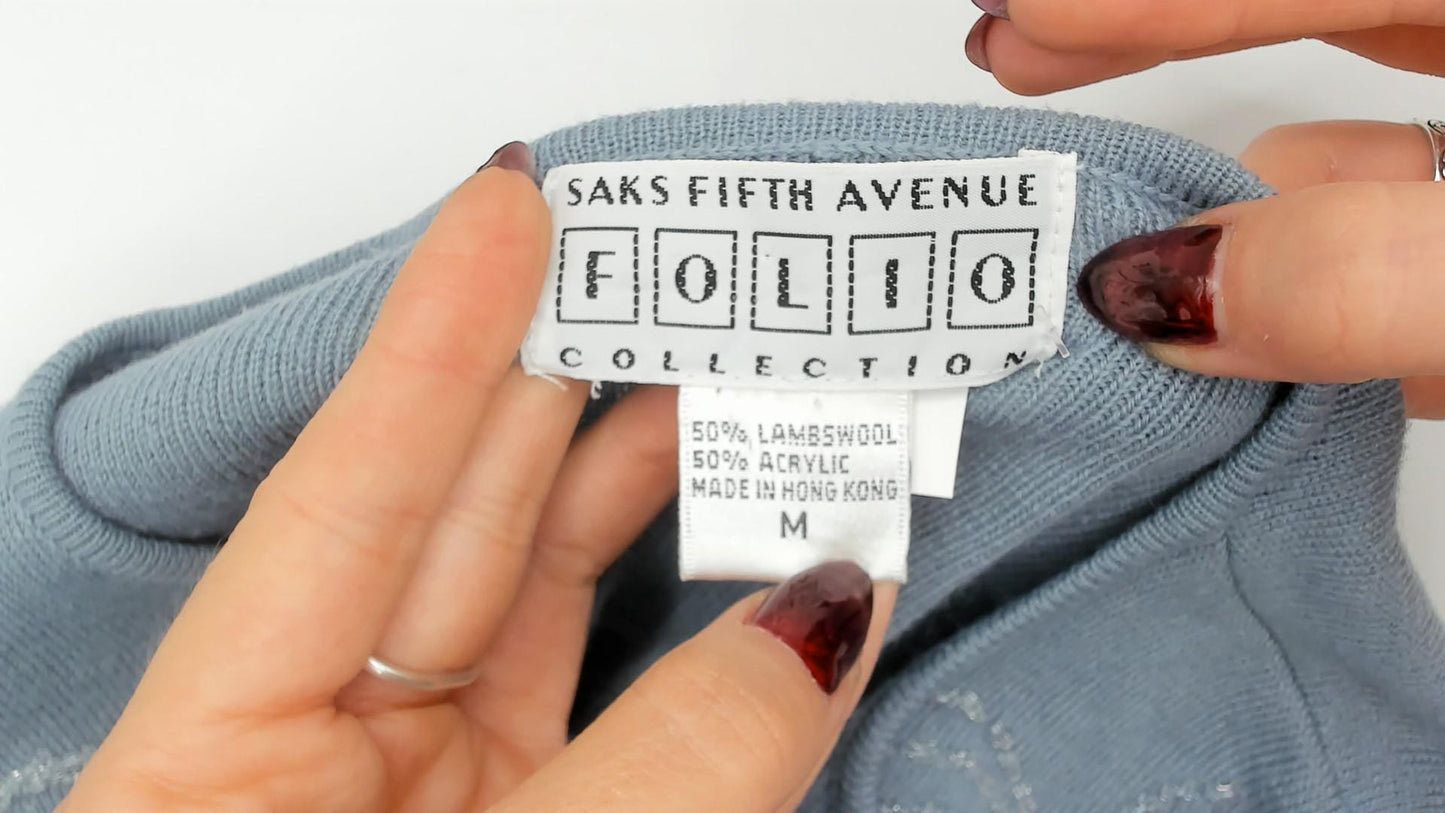 Saks Fifth Avenue 90s Powder Blue Cardigan Embroidered Floral Beaded Medium
