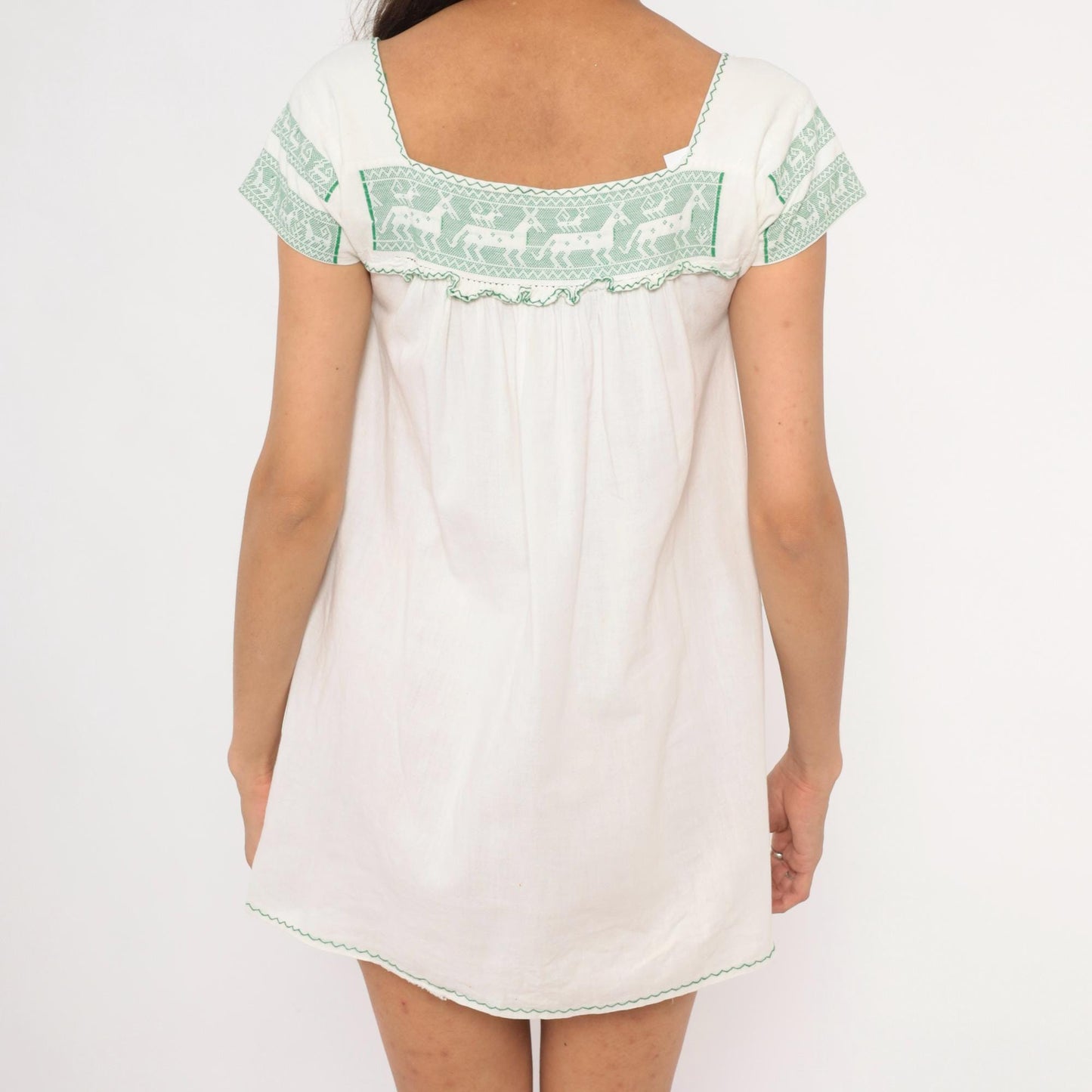 80s White Green Embroidered Deer Mini Dress Cotton Puff Sleeve Square Neck Extra Small XS