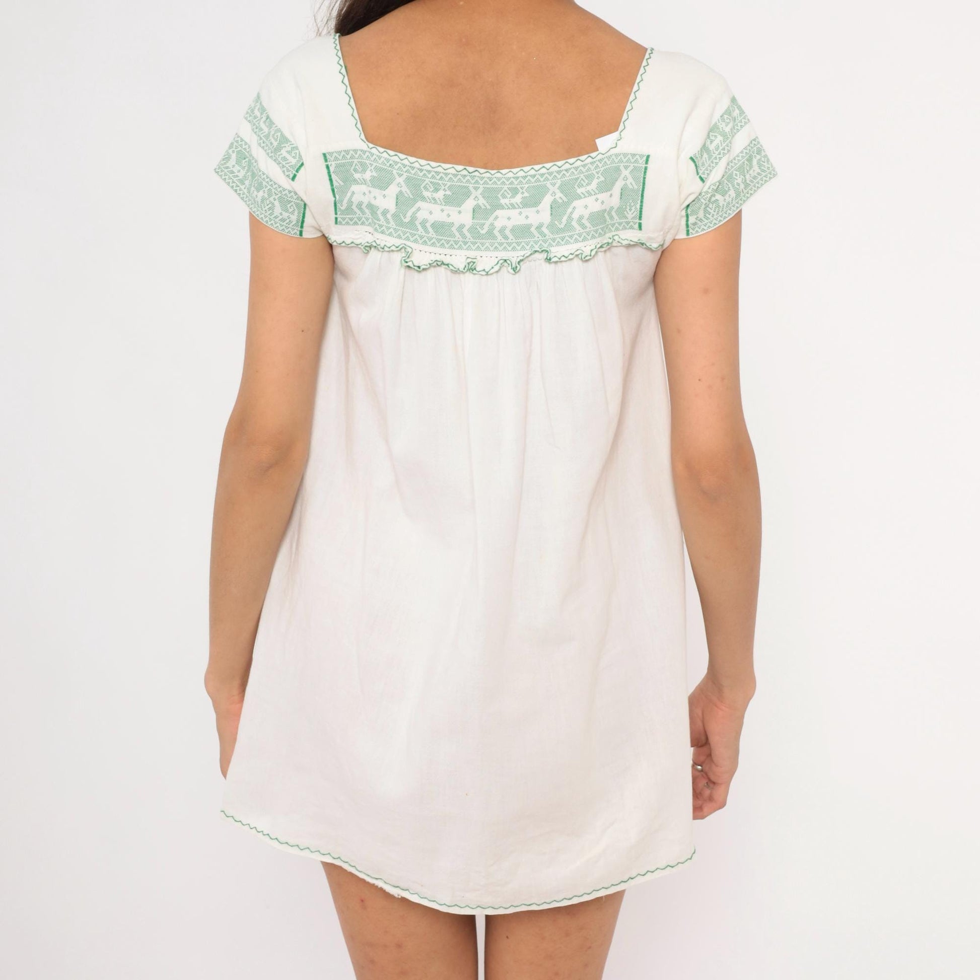 80s White Green Embroidered Deer Mini Dress Cotton Puff Sleeve Square Neck Extra Small XS