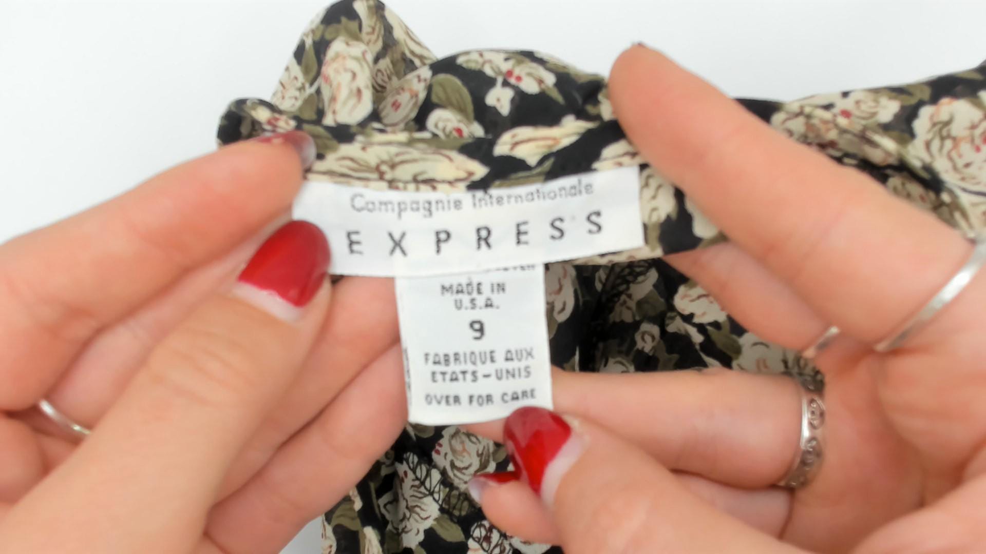 90s Express Floral Midi Dress V-Neck Black Cream Rose Print Size 9