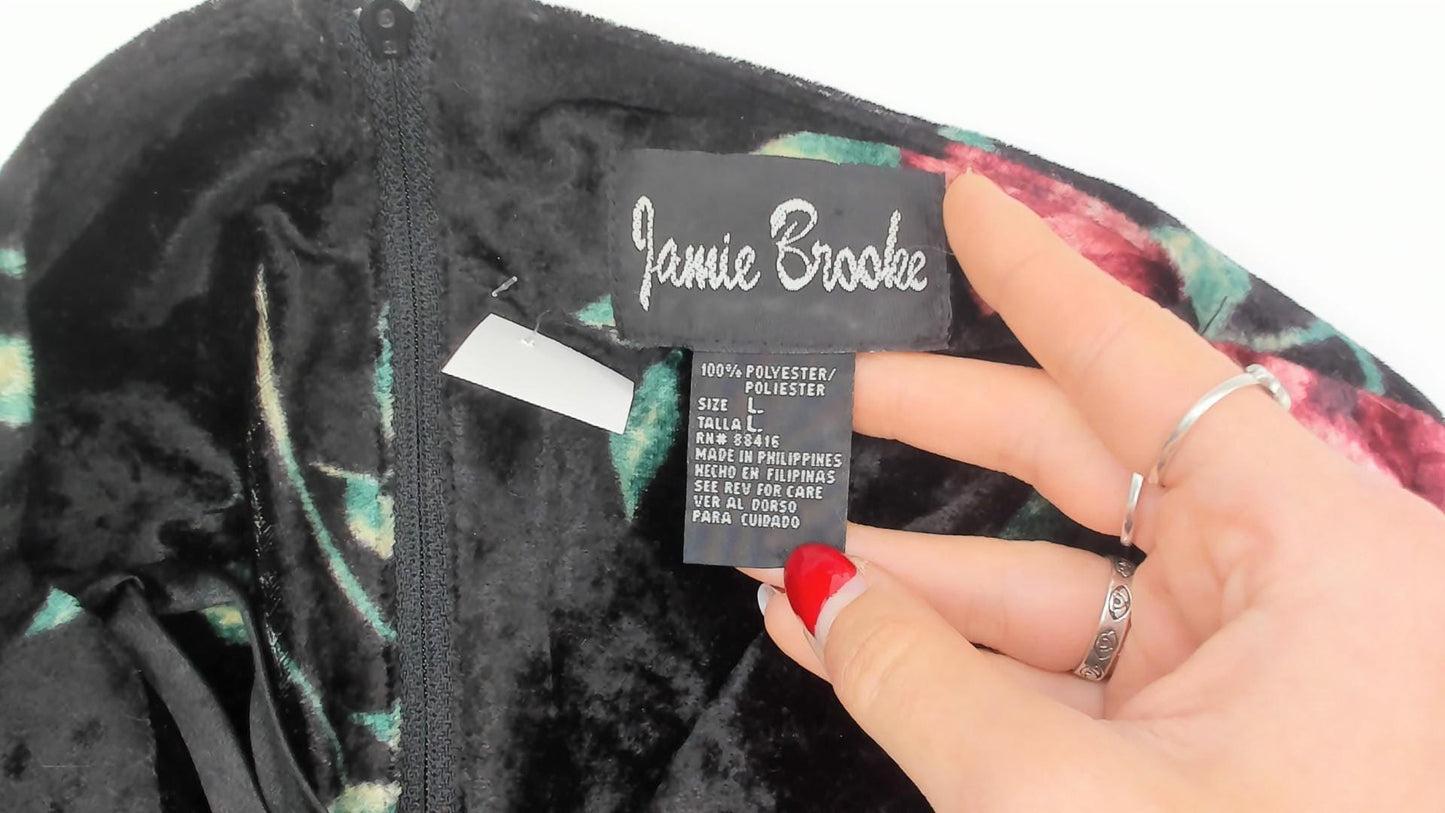90s Jamie Brooke Velvet Mini Dress Black Rose Floral Square Neckline Large L