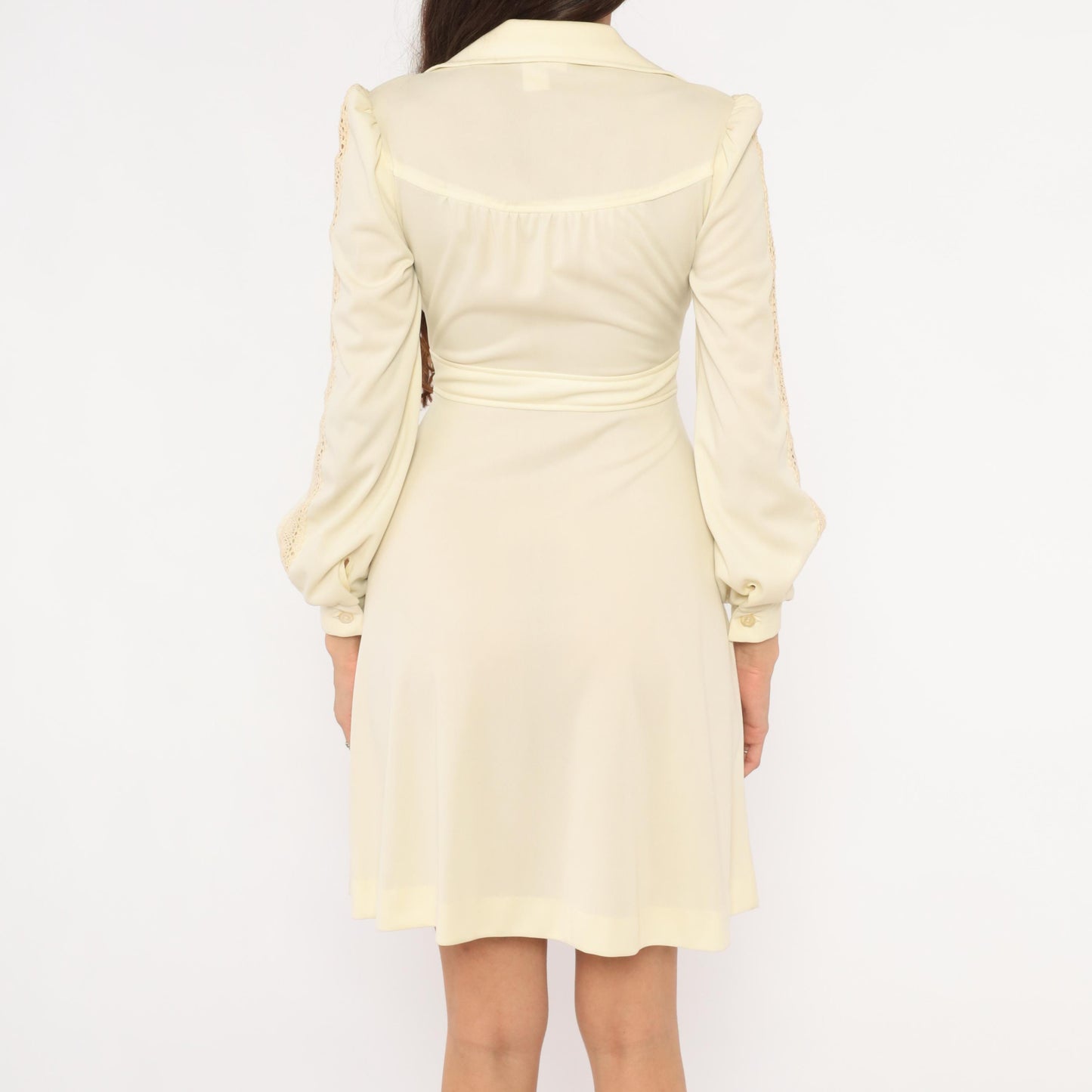 70s Cream Zip-Front Mini Dress Bishop Sleeve Crochet Lace Small S