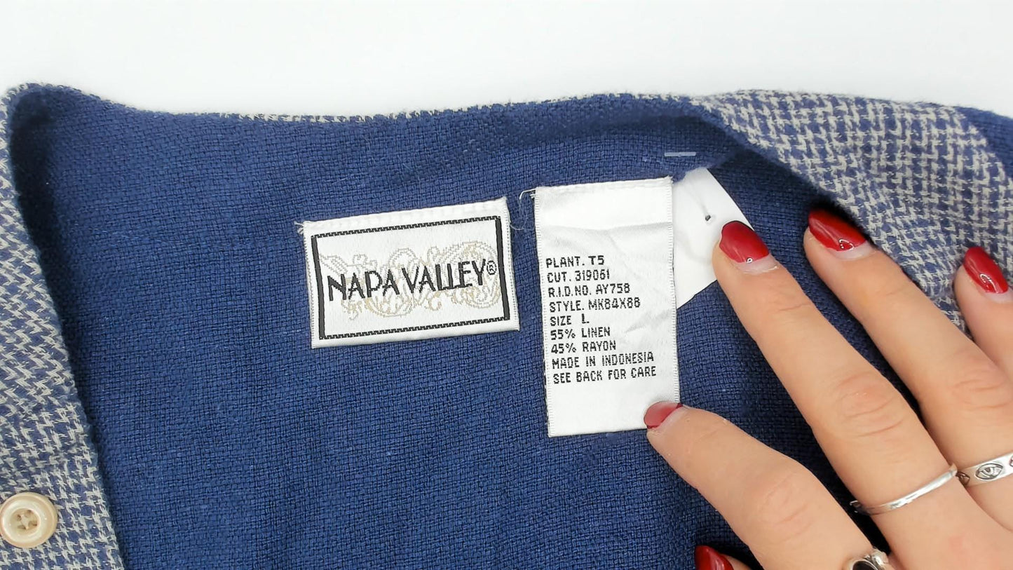 90s Napa Valley Floral Jumper Dress Blue Cream Linen Midi Large L