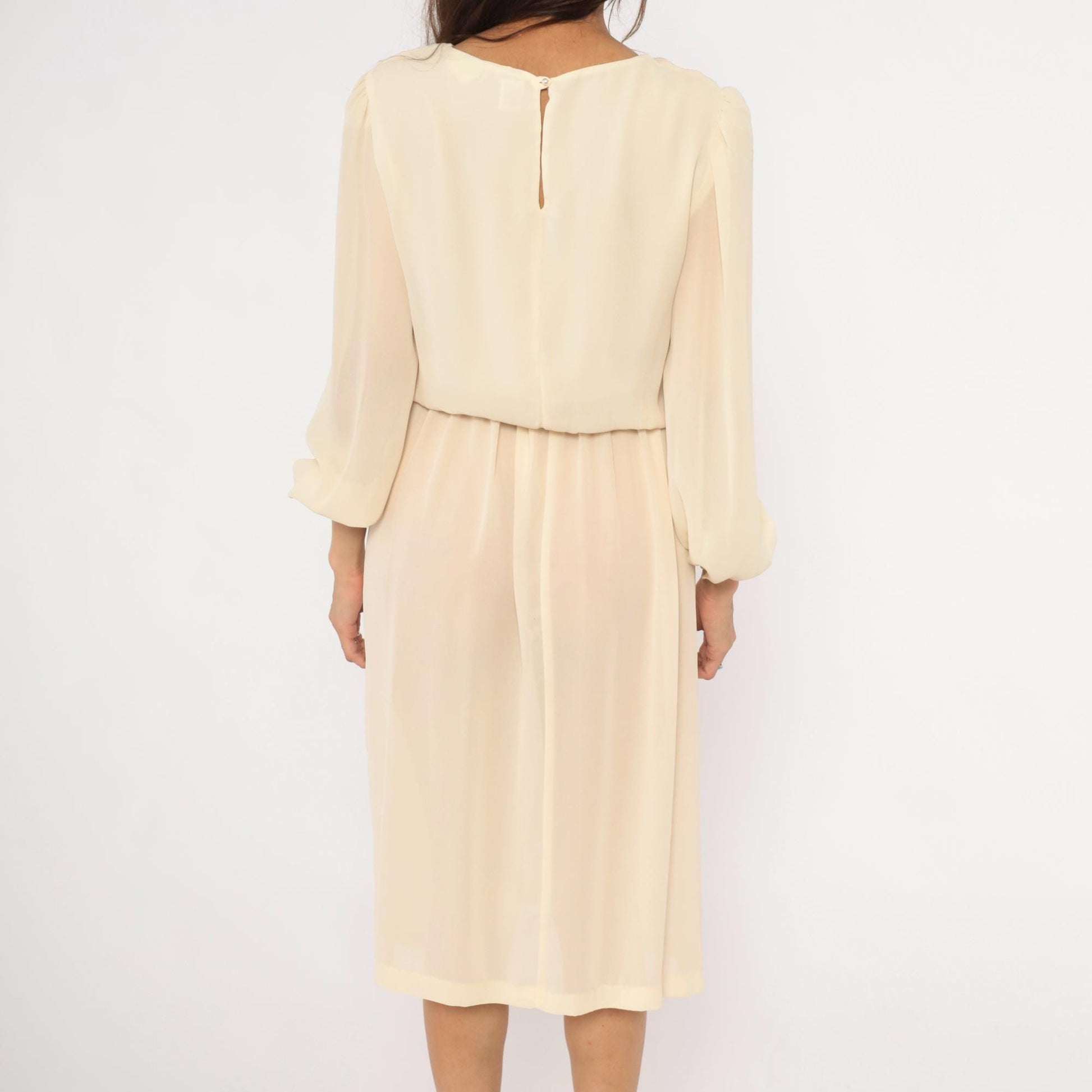 80s Street Scene Cream Chiffon Dress Bishop Sleeve V-Trim Knee-Length Small S