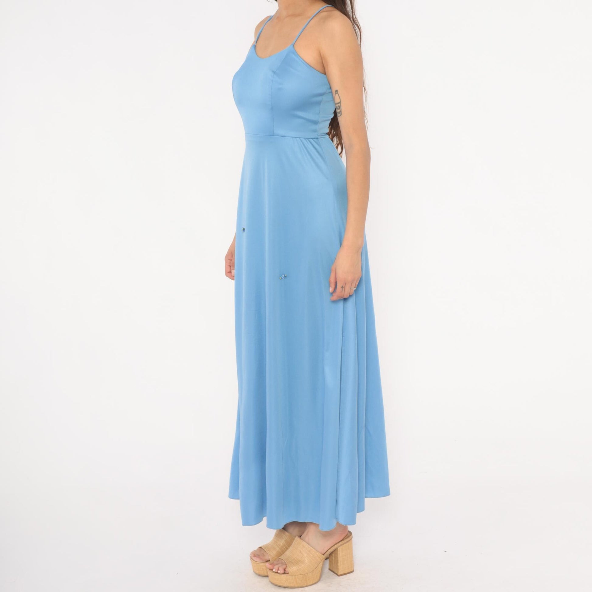 70s Sky Blue Maxi Dress Spaghetti Strap Rosette Detail Side Slit Extra Small XS