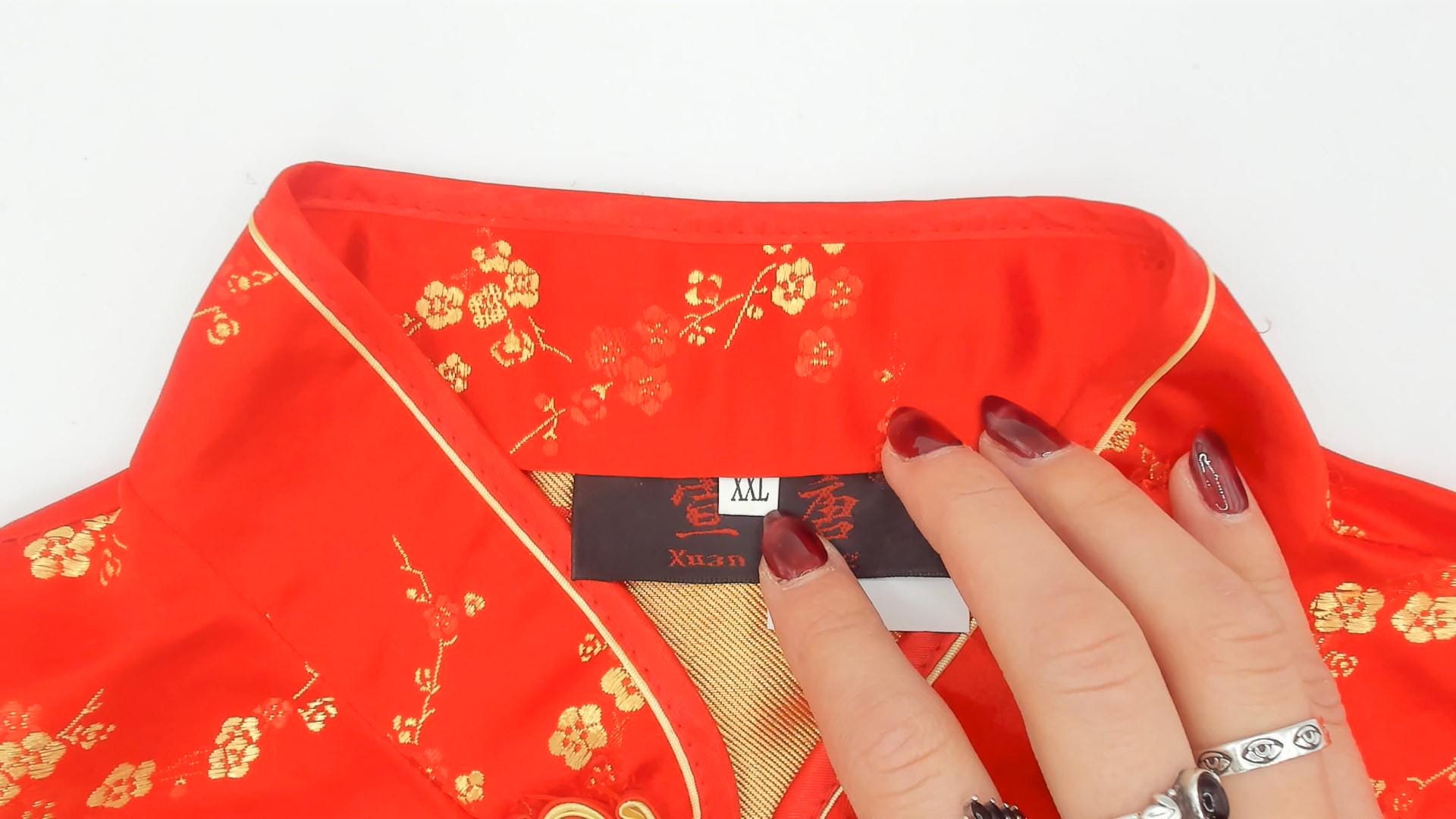 80s Xuan Tang Red Cheongsam Gold Cherry Blossom Qipao Plus Size XXL
