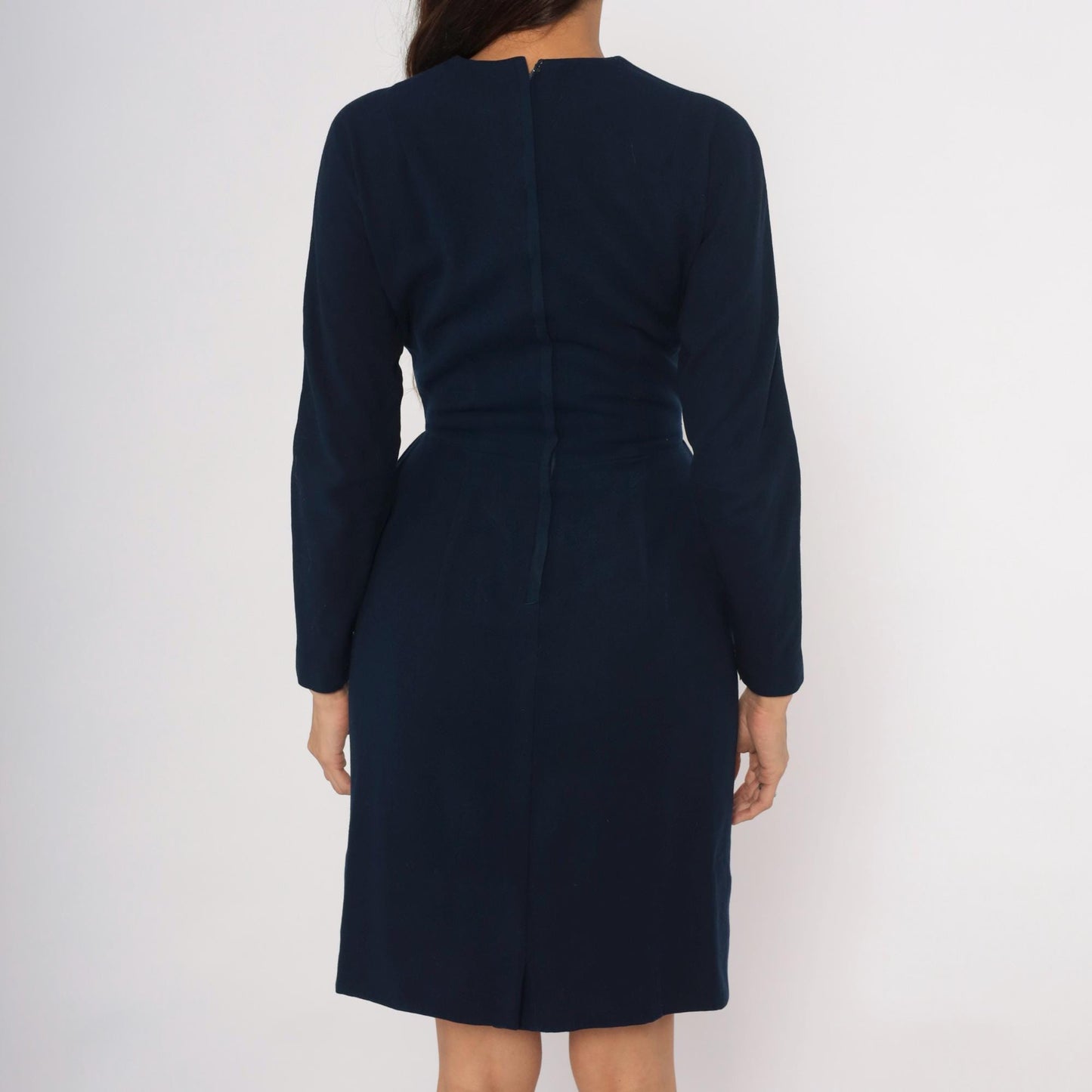 1950s Junior Sophisticates Navy Wool Dress Gathered Waist Knee Length Small