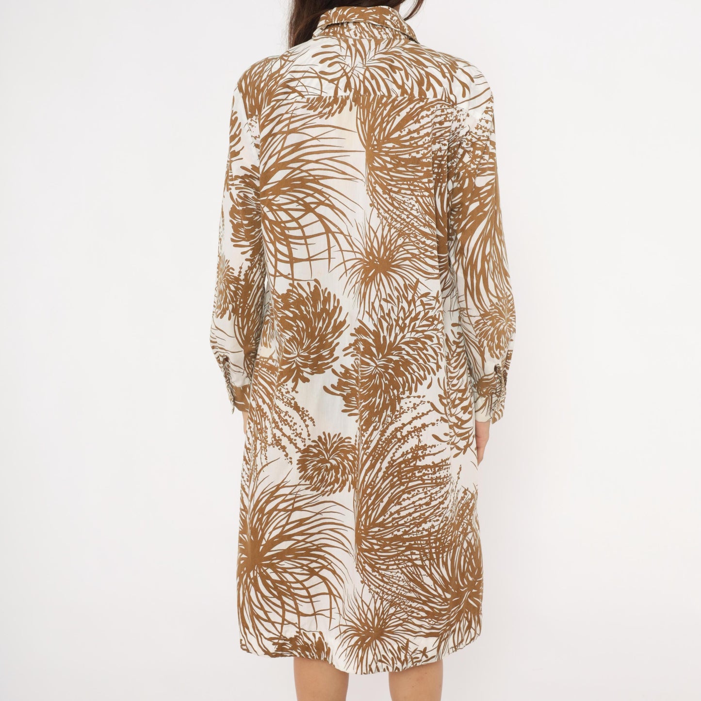 70s The Spectator Tropical Print Shirt Dress Brown Cream Knee Length Large L