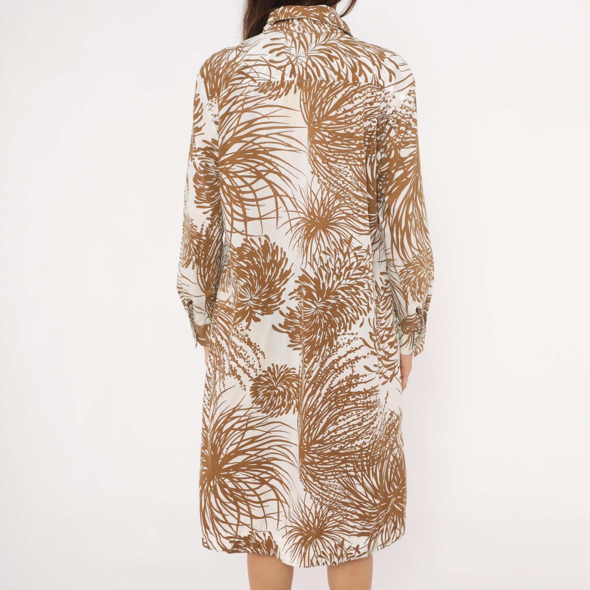 70s The Spectator Tropical Print Shirt Dress Brown Cream Knee Length Large L