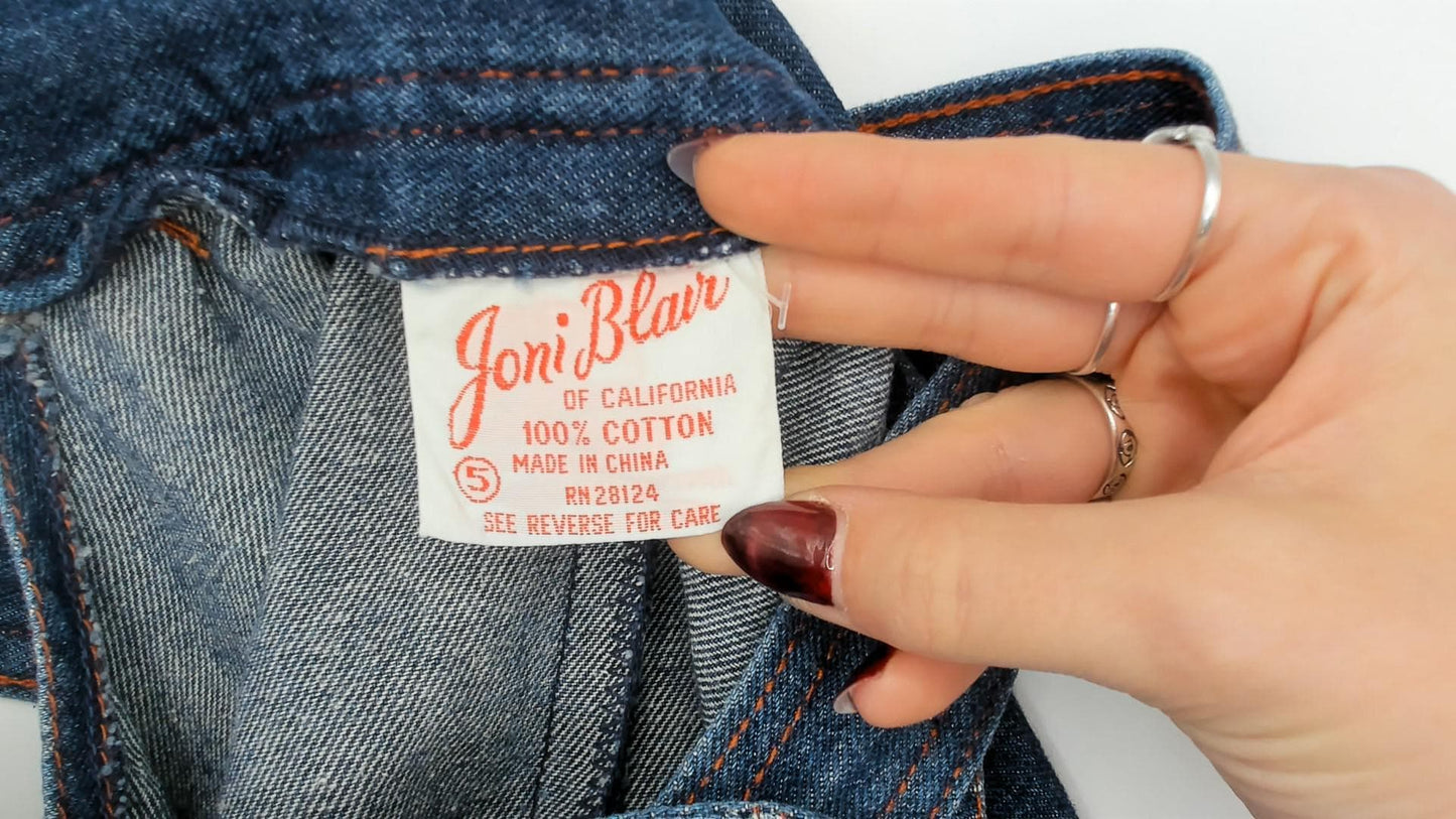 70s Joni Blair Denim Jumper Dress Blue Embroidered Pinafore XS