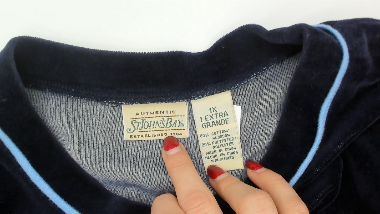 2000s St Johns Bay Navy Velour Sweatshirt Striped Chest Panel Extra Large XL
