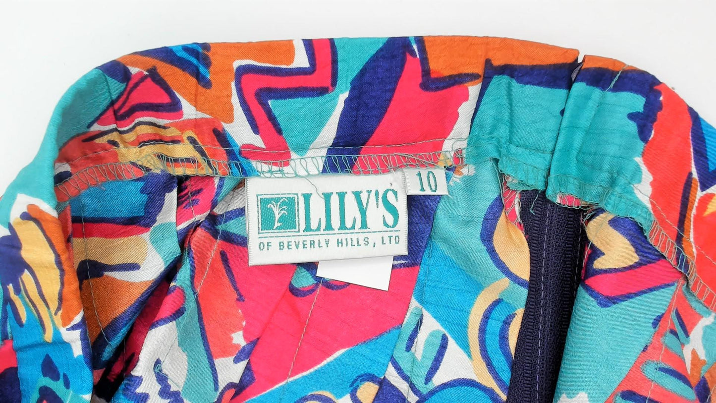 90s Lily's of Beverly Hills Pleated Mini Skirt Abstract Geometric Print Pink Teal Medium