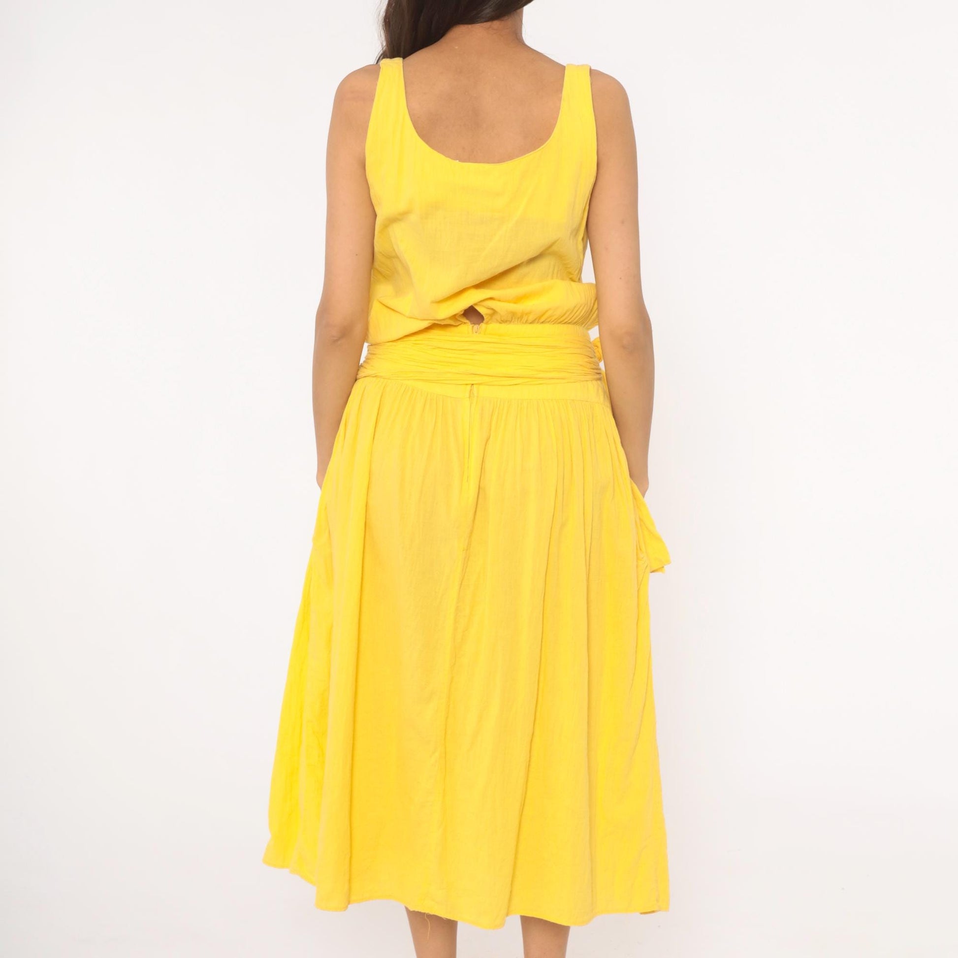 90s Yellow Cotton Sundress Scoop Neck Gathered Midi Tie Sash Medium M
