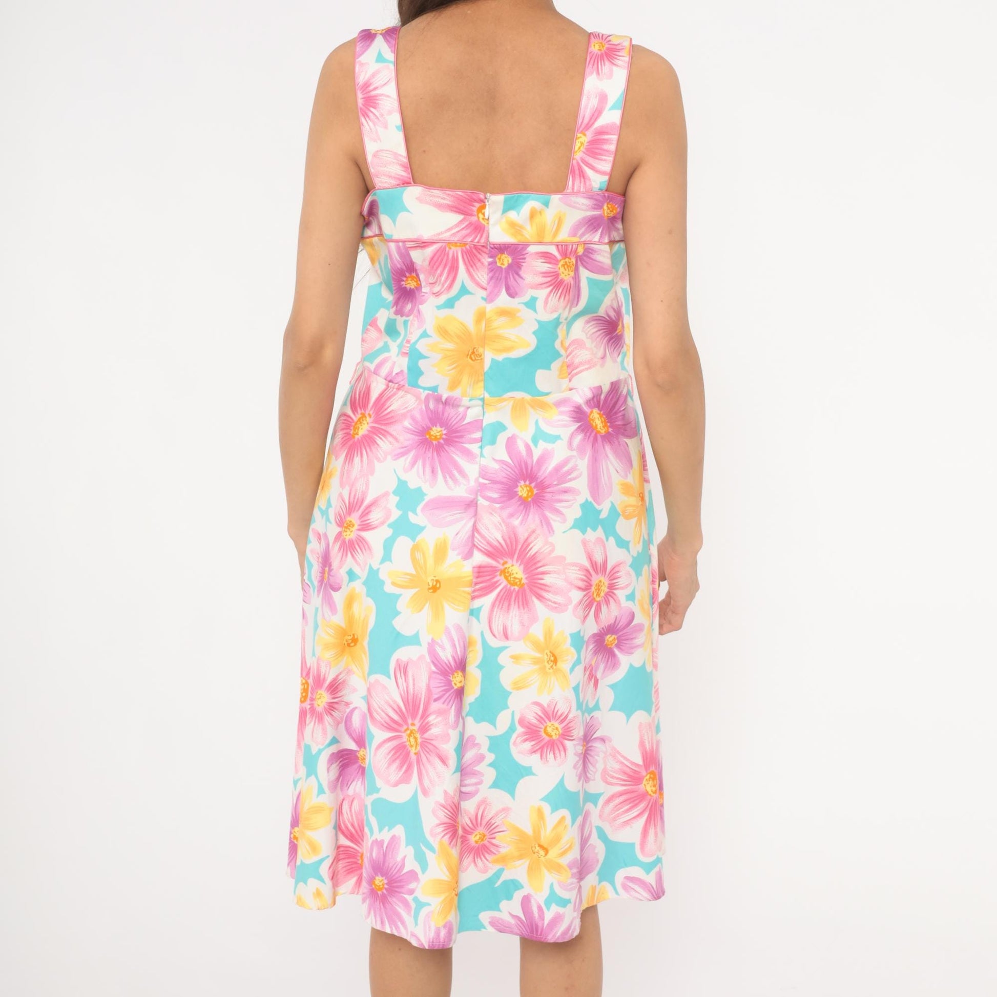 90s Scarlett Floral Sundress Square Neck Daisy Print Sky Blue Medium M