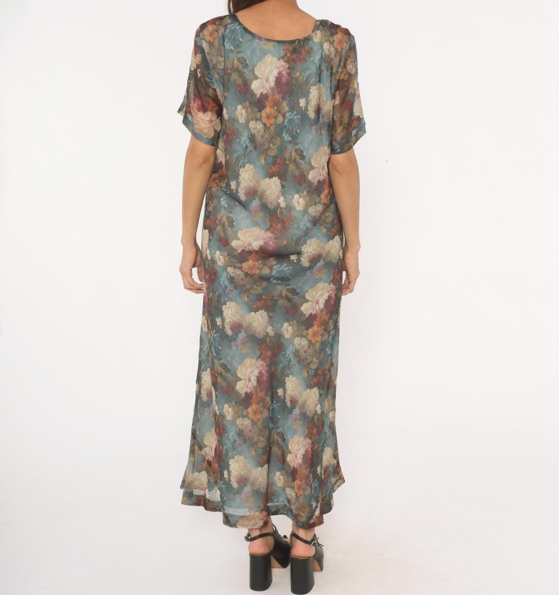90s De Frantoria Floral Maxi Dress Slate Blue Cream Chiffon Short Sleeve Extra Large XL