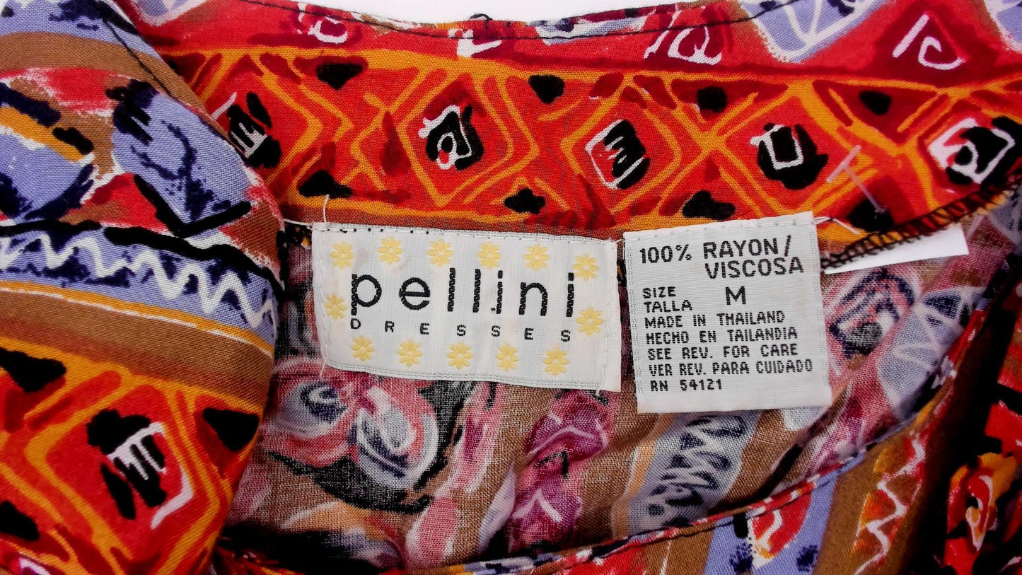 90s Pellini Babydoll Mini Dress Tribal Floral Stripe Rust Blue Small