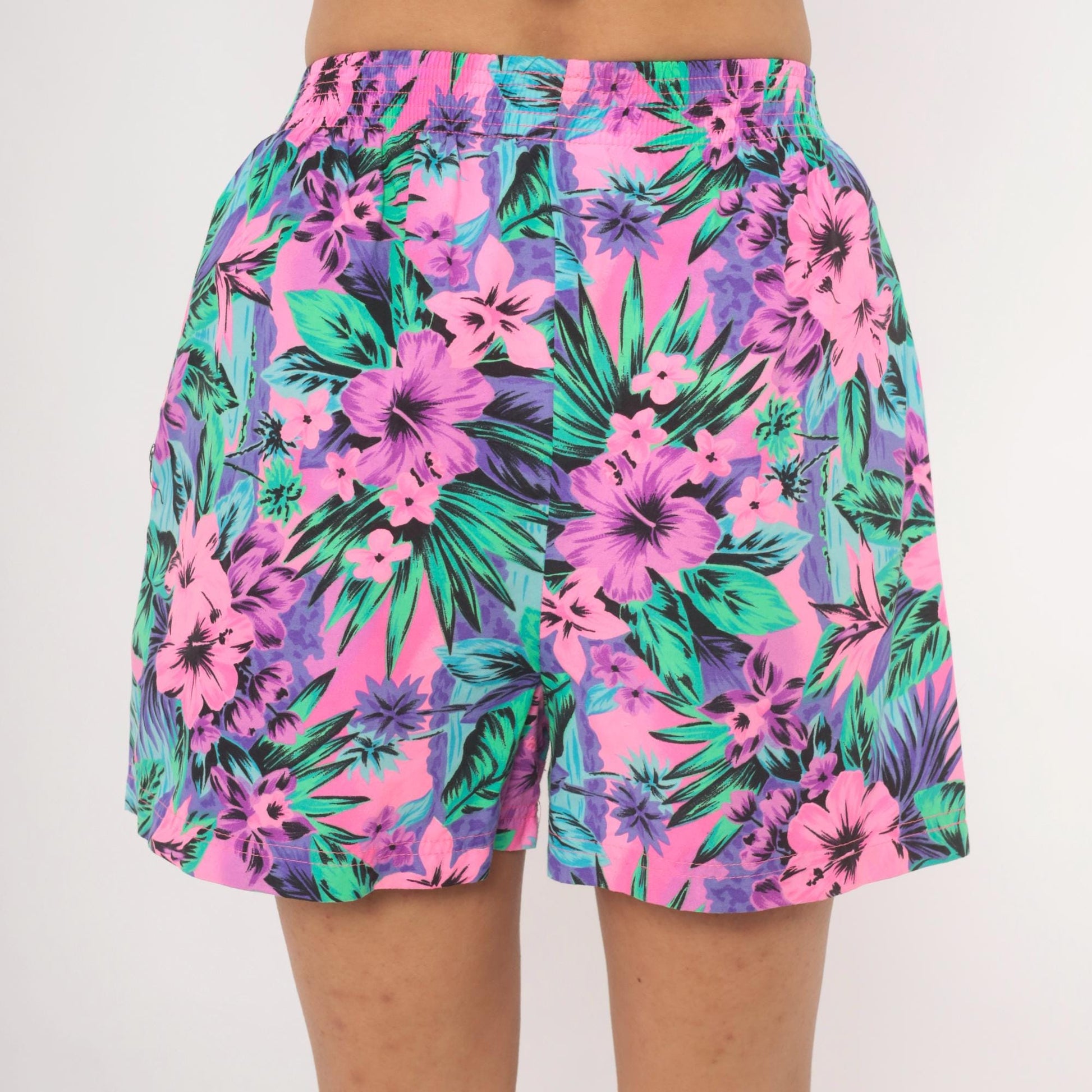 90s Op Neon Tropical Floral Shorts Pink Purple Green Hibiscus Medium M