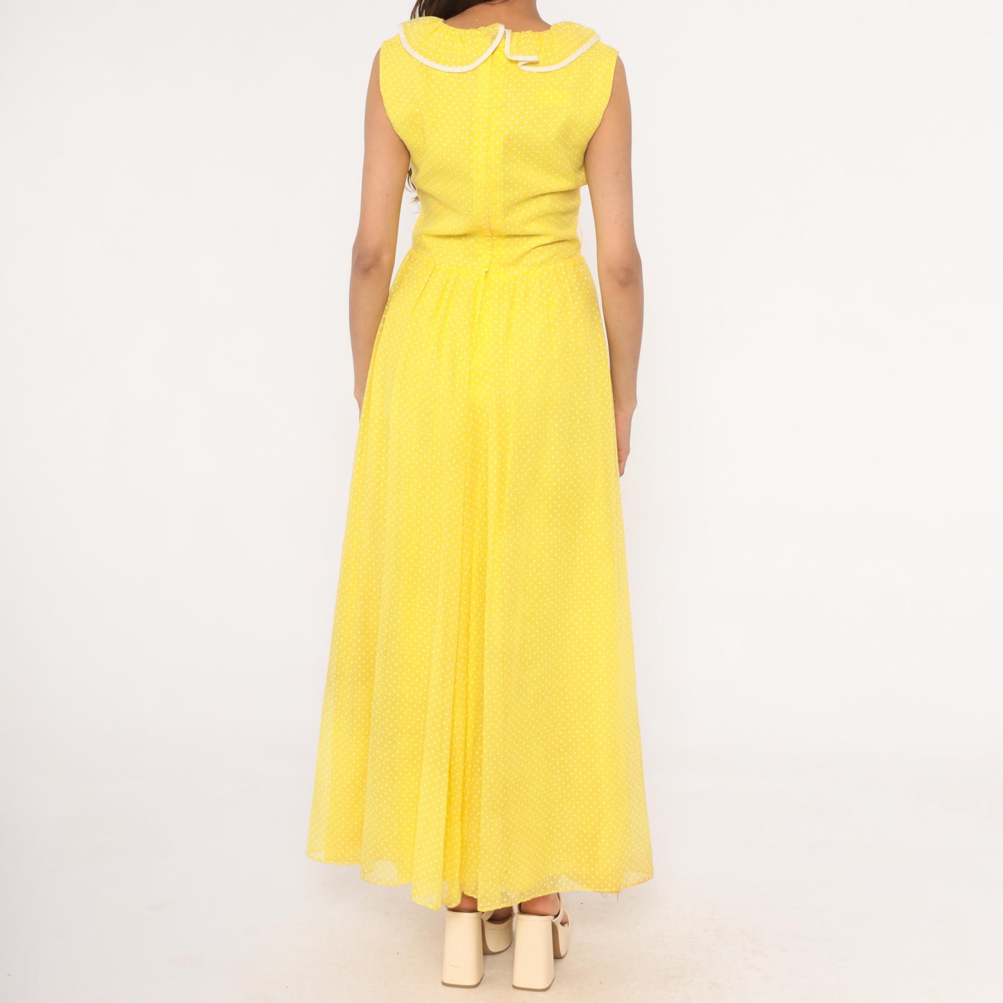 70s Miss Elliette Yellow Polka Dot Maxi Dress Ruffled V-Neck Medium M