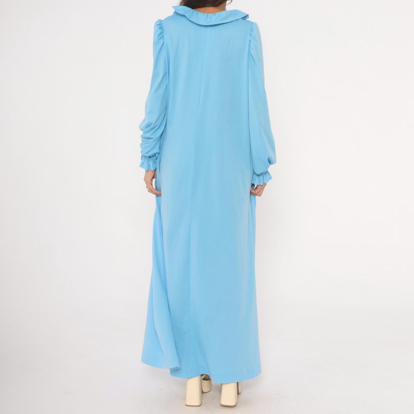 70s Sky Blue Maxi Dress Ruffle Collar Puff Sleeve A-Line Large L