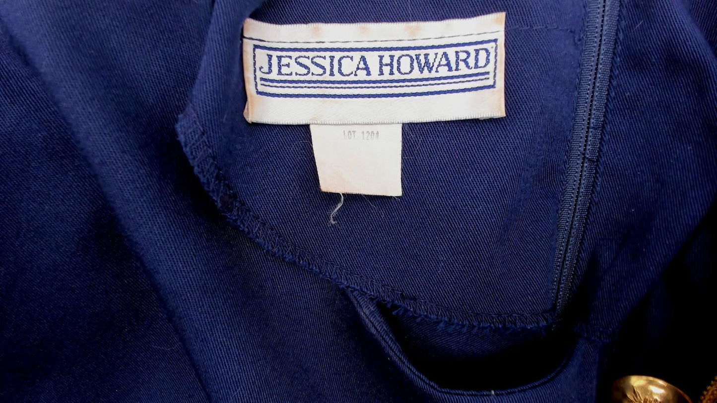 80s Jessica Howard Navy Dress Gold Braid Military Knee-Length Puff Sleeve Medium M