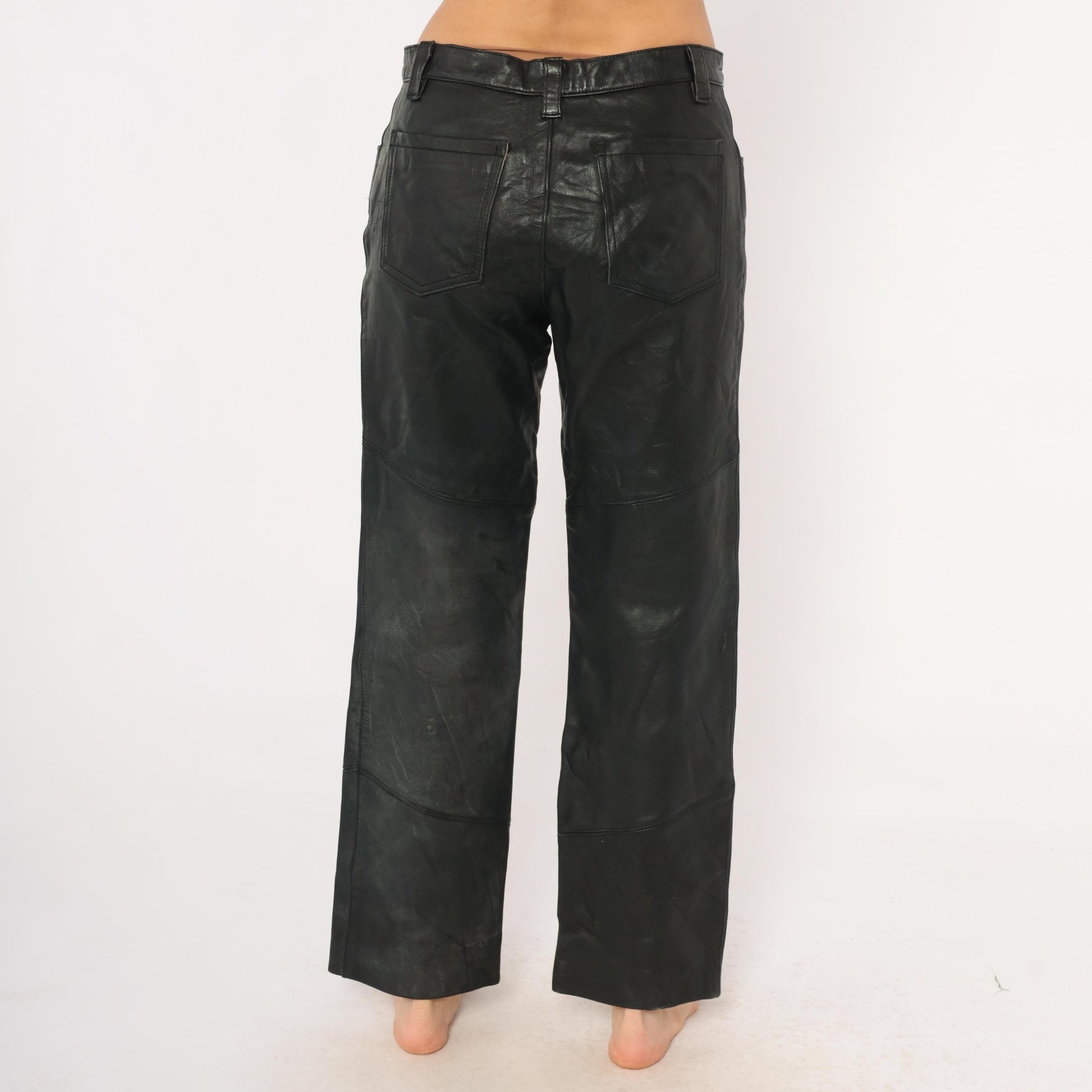 90s Berman's Black Leather Pants Straight Leg Moto Paneled Medium M