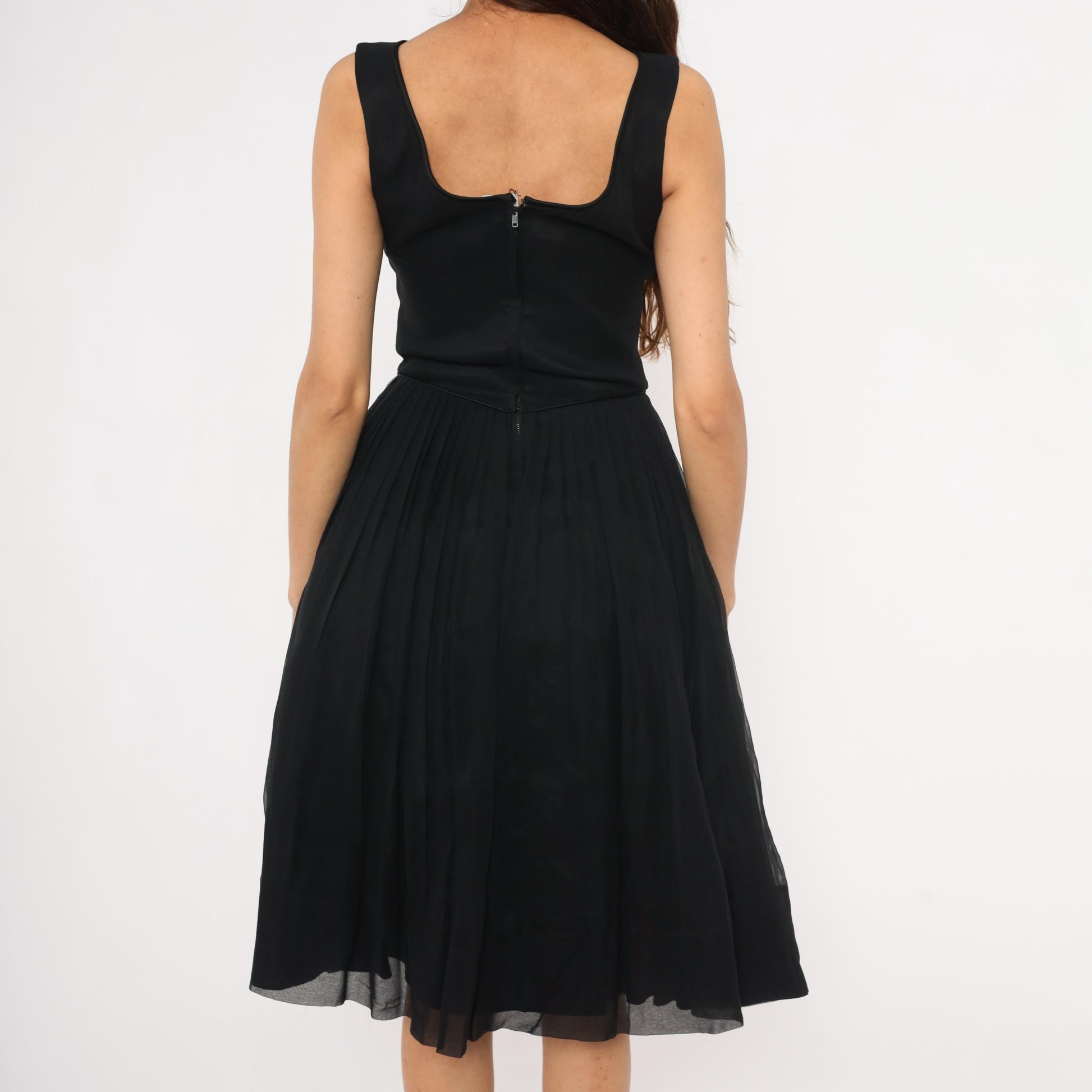 60s Black Chiffon Cocktail Dress Lattice Cutout Boat Neck Small