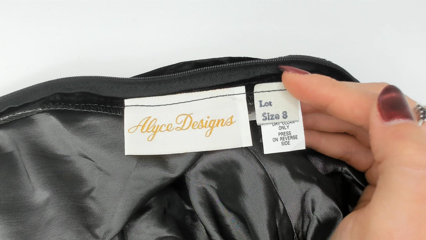 80s Alyce Designs One-Shoulder Velvet Gown Black Mermaid Hem Puff Sleeve Extra Small XS