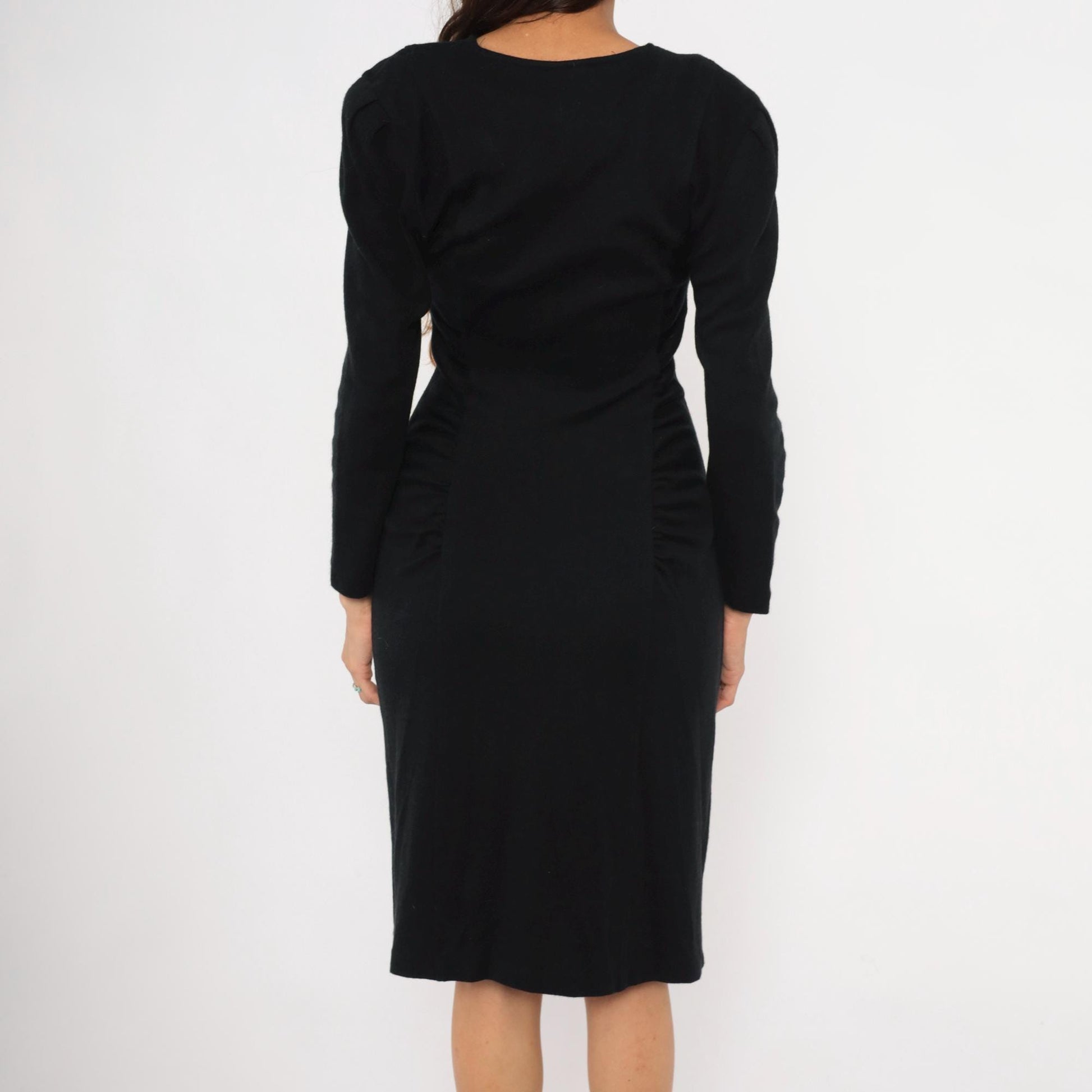 80s All That Jazz Black Puff Sleeve Dress Gold Buttons Ruched Waist Small S
