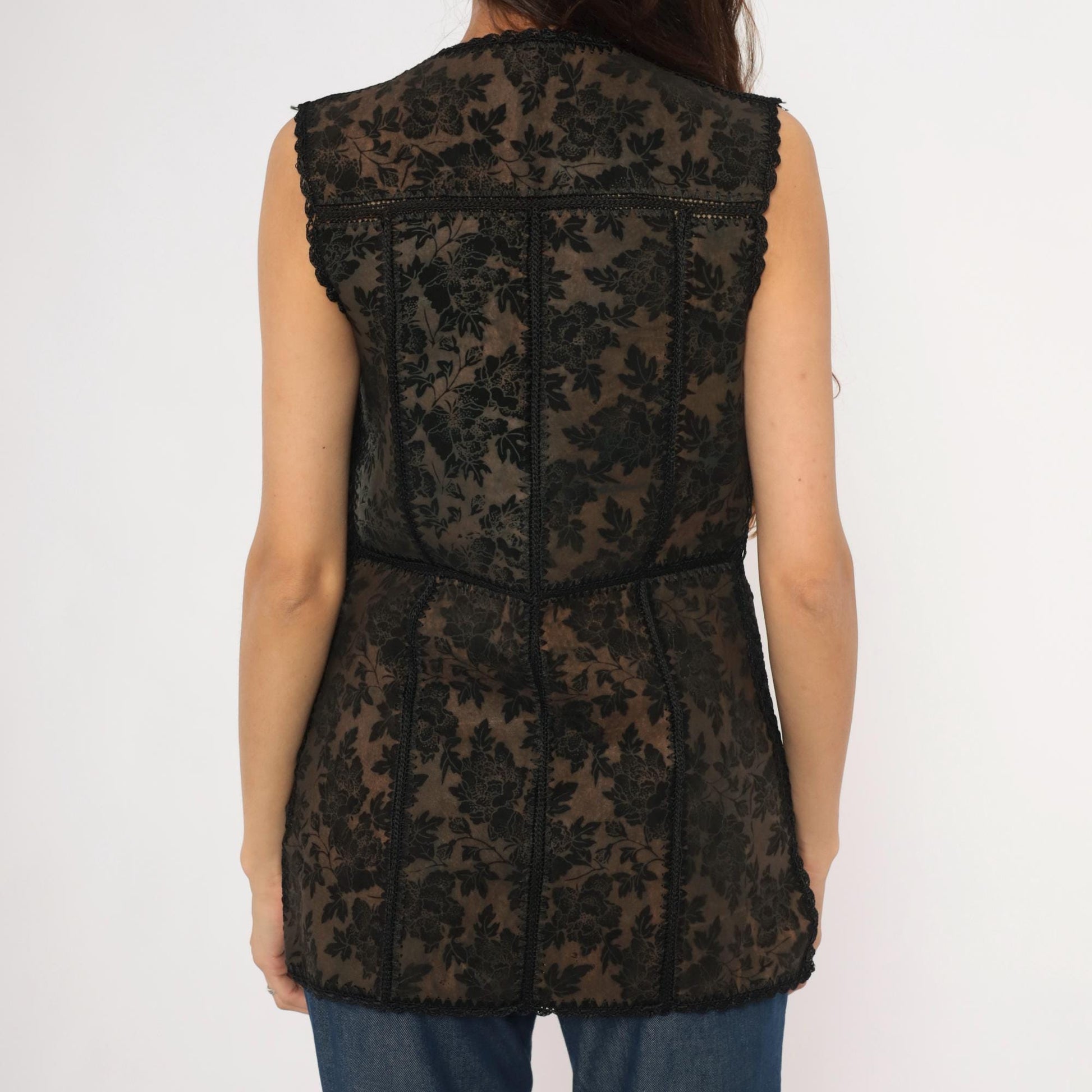 90s Reversible Black Suede Lace Vest Floral Crochet Trim Medium M