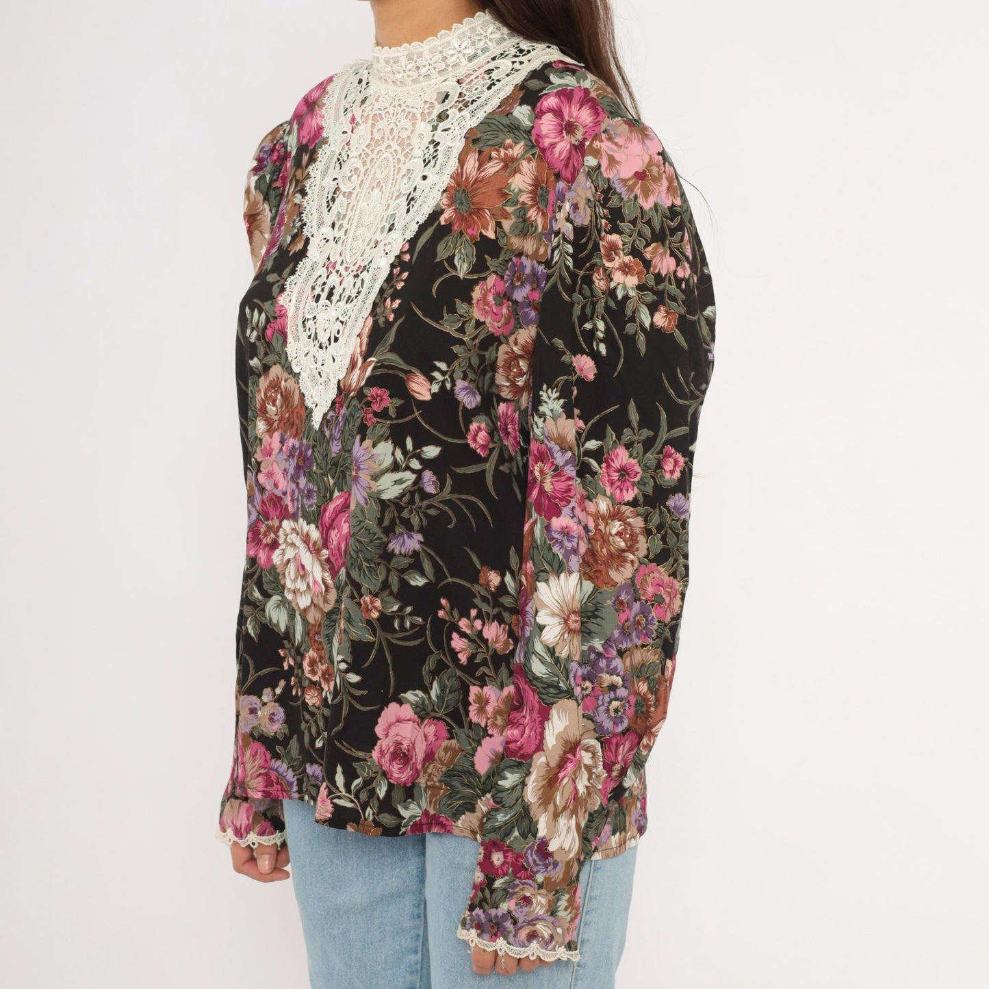 90s Scott McClintock Black Floral Blouse Lace Bib Puff Sleeve Extra Large XL