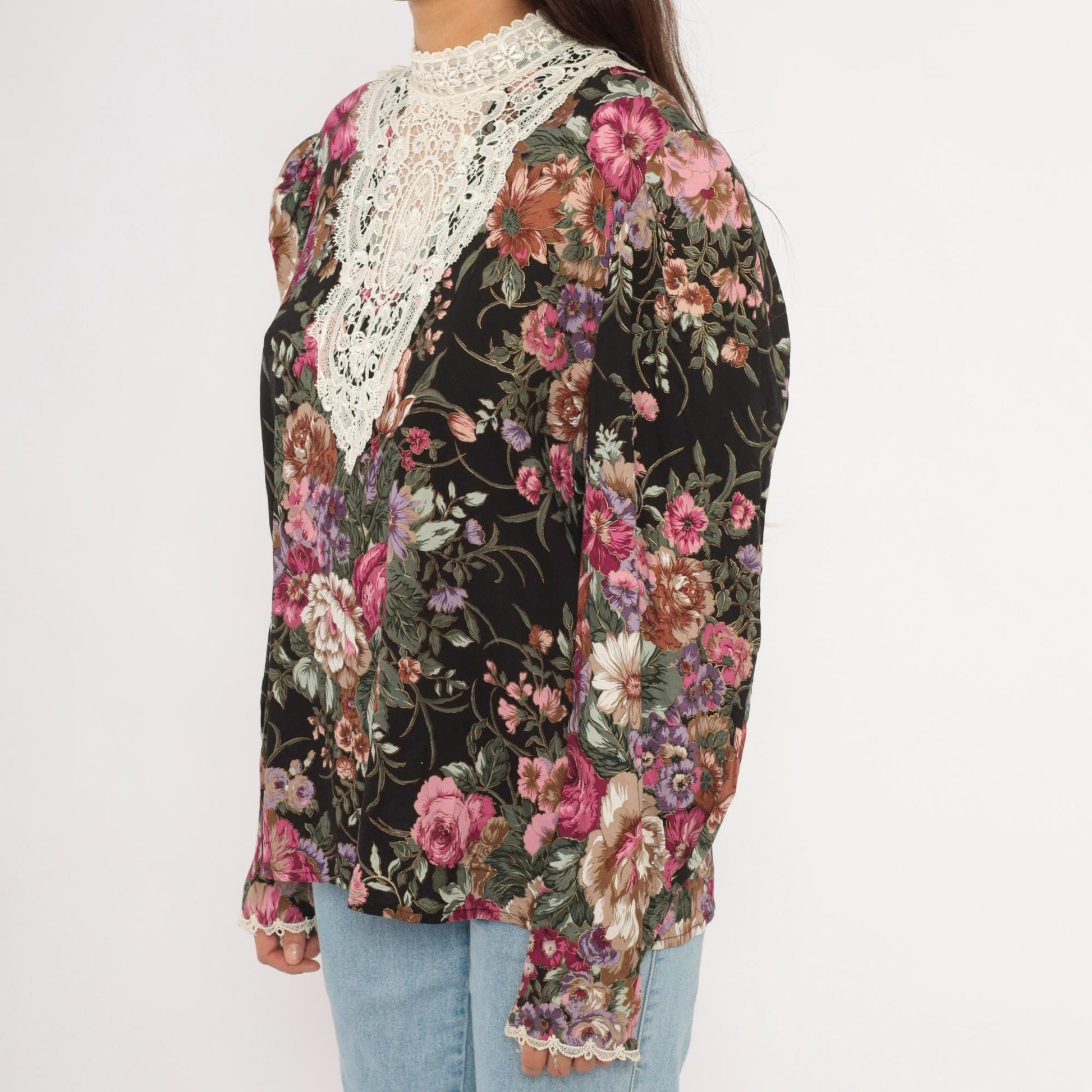 90s Scott McClintock Black Floral Blouse Lace Bib Puff Sleeve Extra Large XL